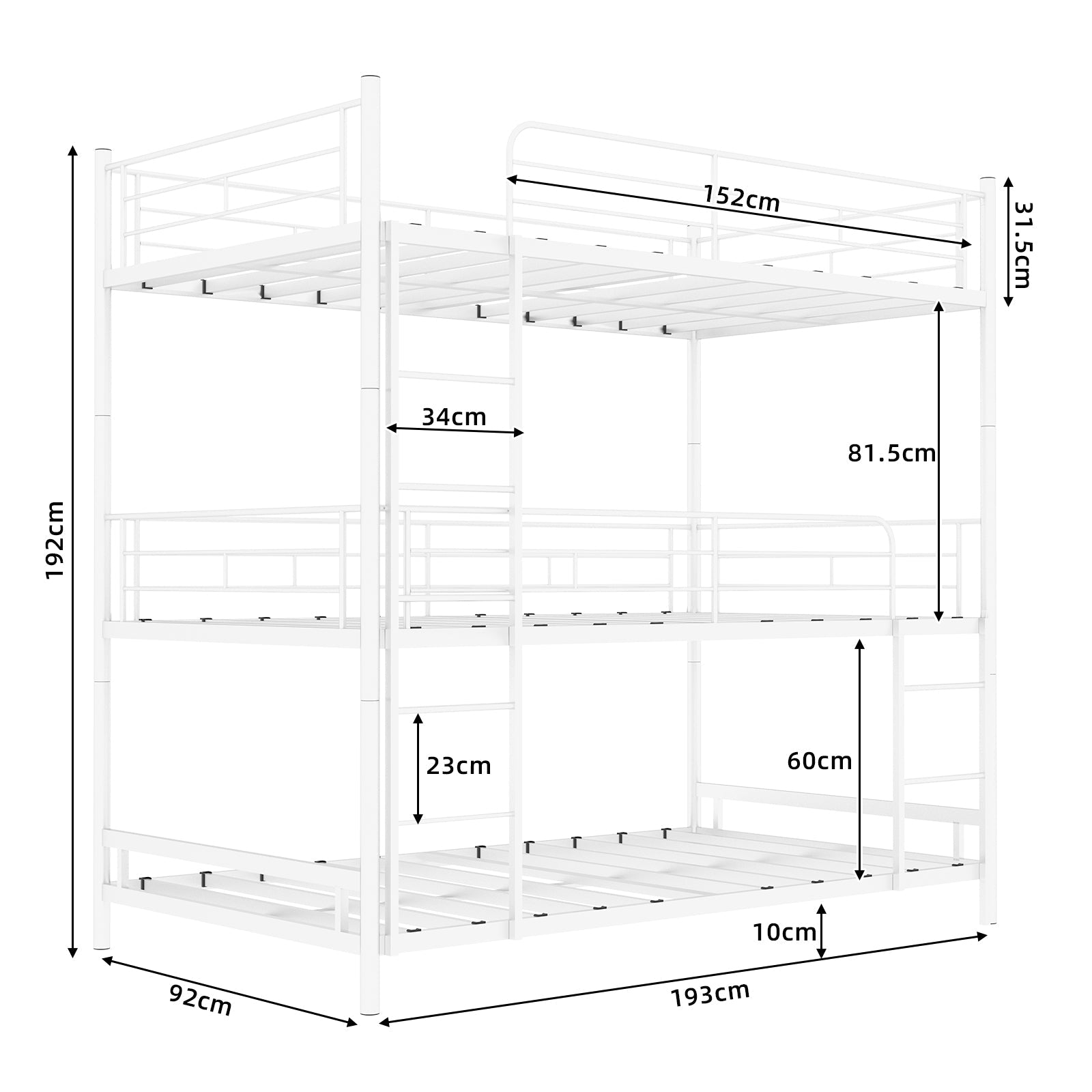 Triple Frame Bed, Heavy-Duty with Built-in Ladder & Railing, Metal
