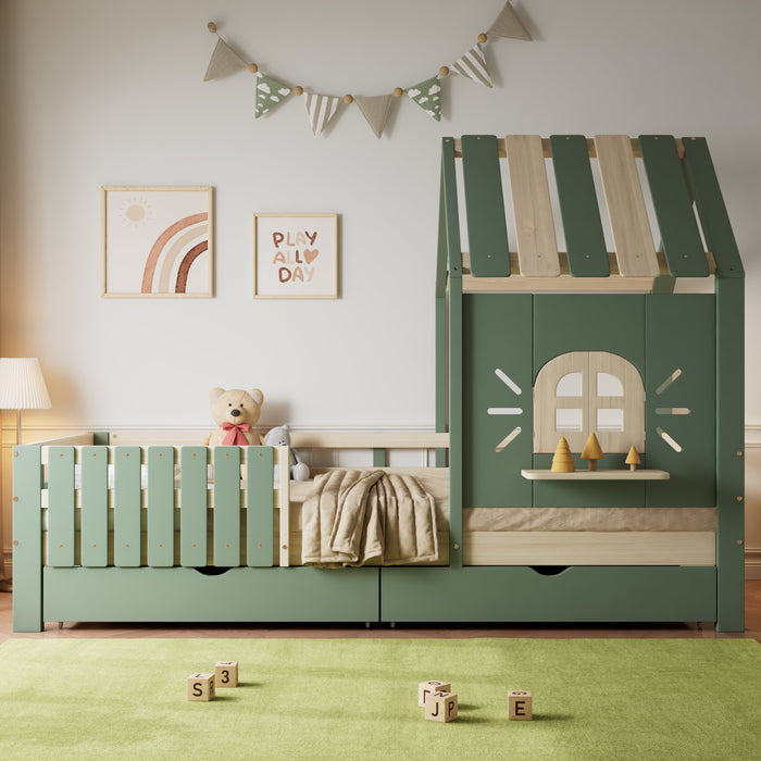 Children's House Bed with Roof, Window, Fence, 2 Drawers, 90x200cm - Pine/MDF Green/Natural