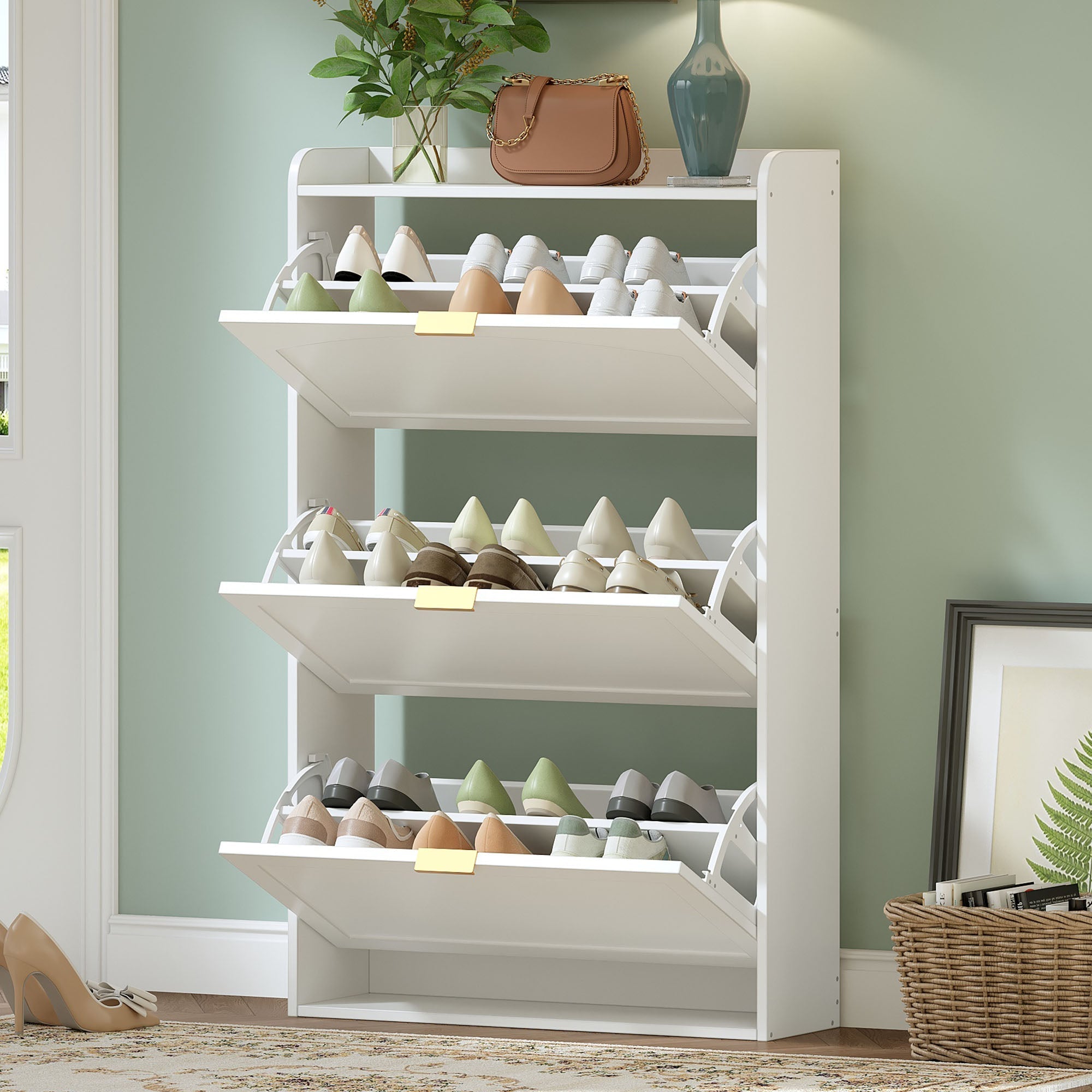 Narrow Shoe Cabinet 3 Flaps 76x23x118cm - White