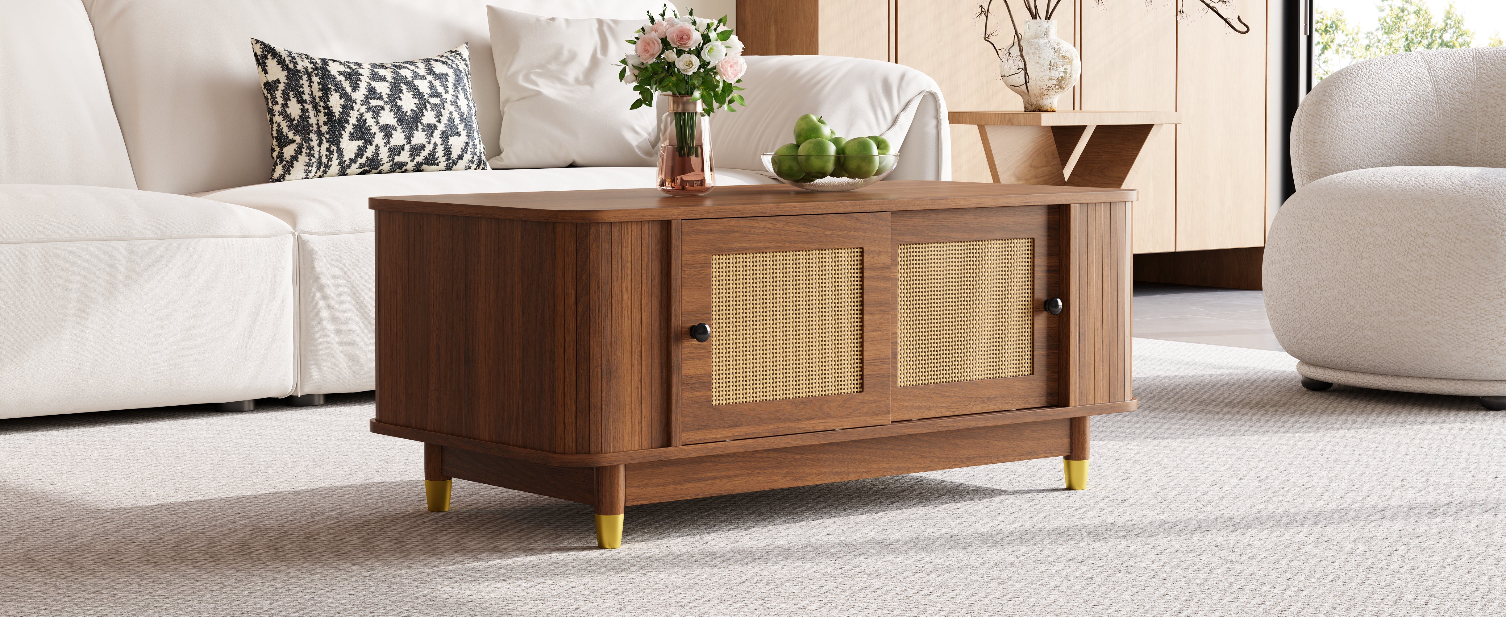 Coffee Table with Rattan Sliding Doors and Rounded Corners, Modern Wood Look MDF