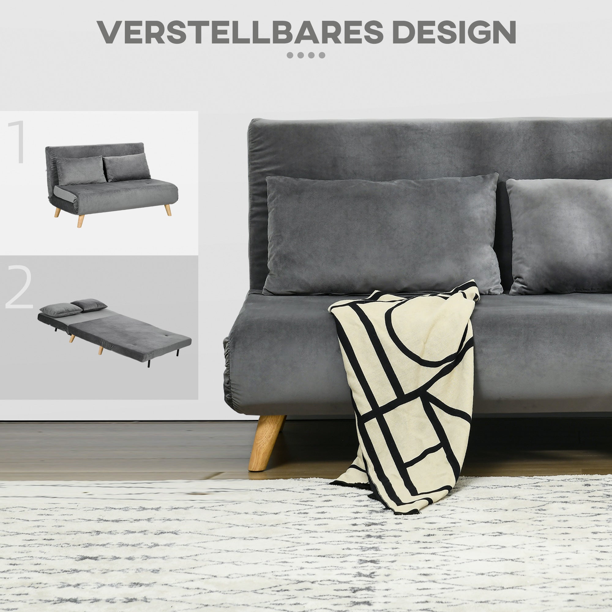 Sofa Bed 2-Seater Foldable Adjustable Backrest, Grey Velvet