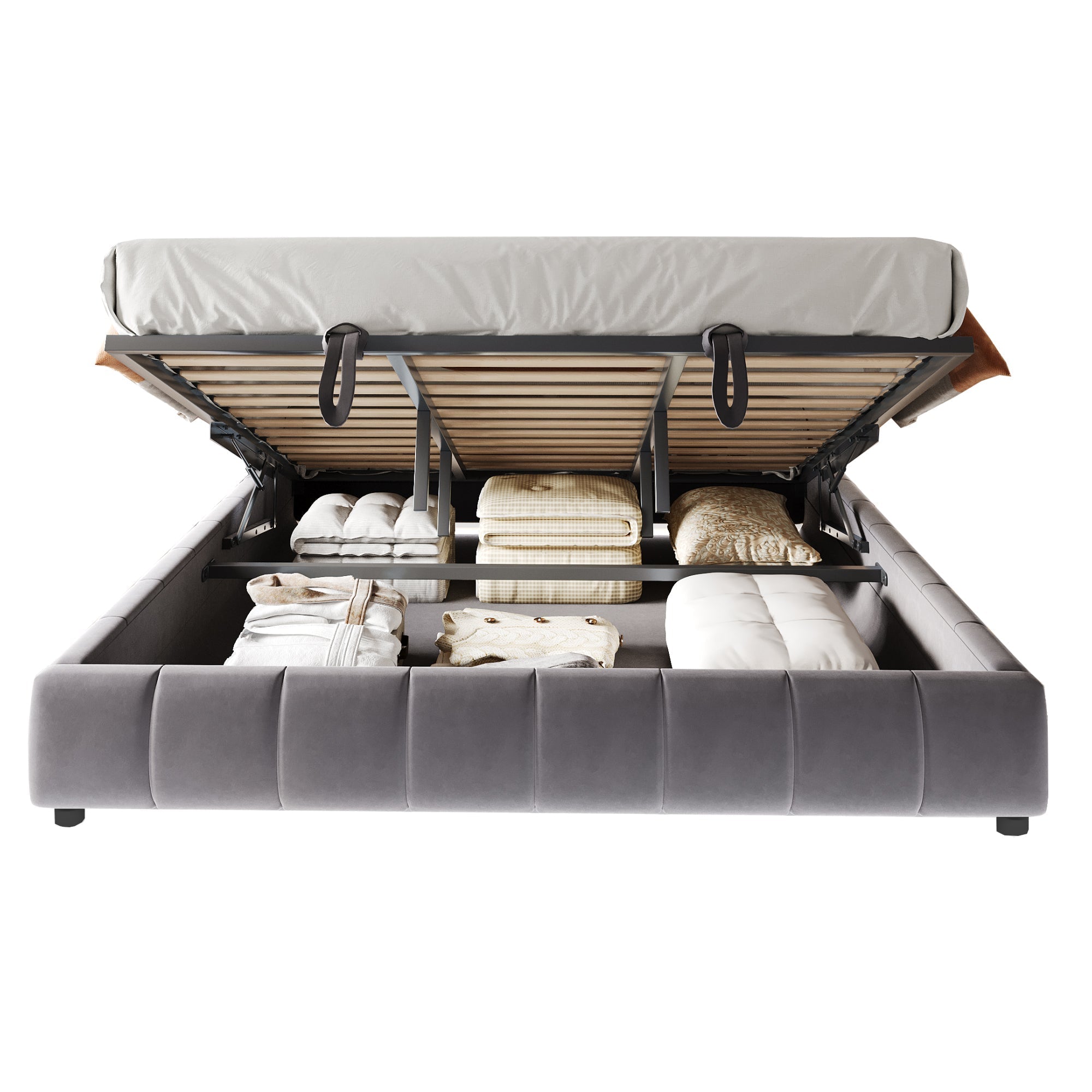 Upholstered Bed, 180x200cm LED Floating with Storage, Grey