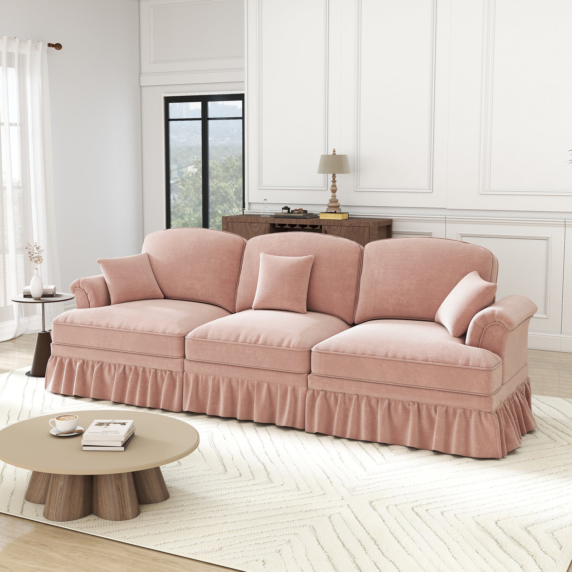 3-Seater Sofa Mid-Century Ruffled Apron Spindly Legs - Chenille Pink