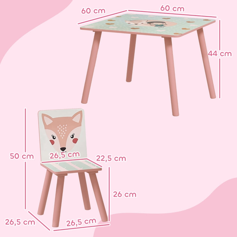 Children's Seating Set, Table with 2 Chairs, Animal Motif, Pine Wood, Pink
