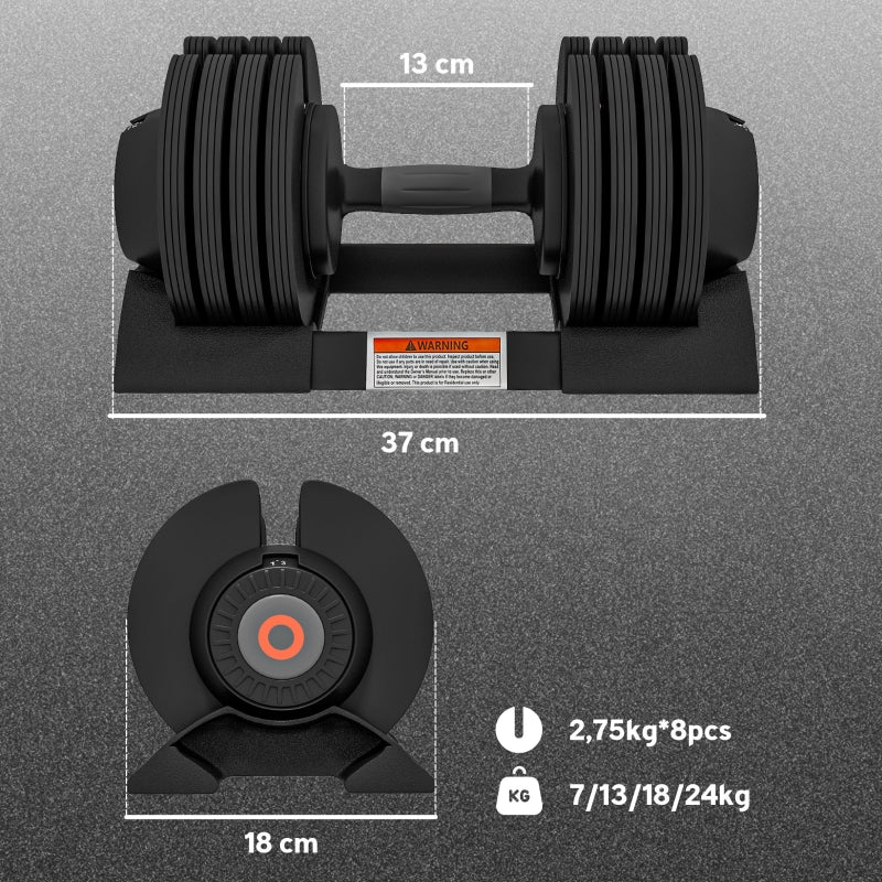Adjustable Single Dumbbell 7/13/18/24 kg with Storage & Non-Slip Grips - Black