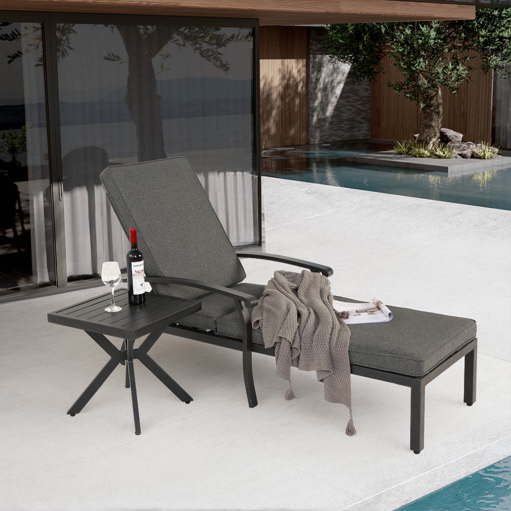 Lounge Patio Chair, Adjustable Reclining Rustproof Aluminum, Gray Cushion