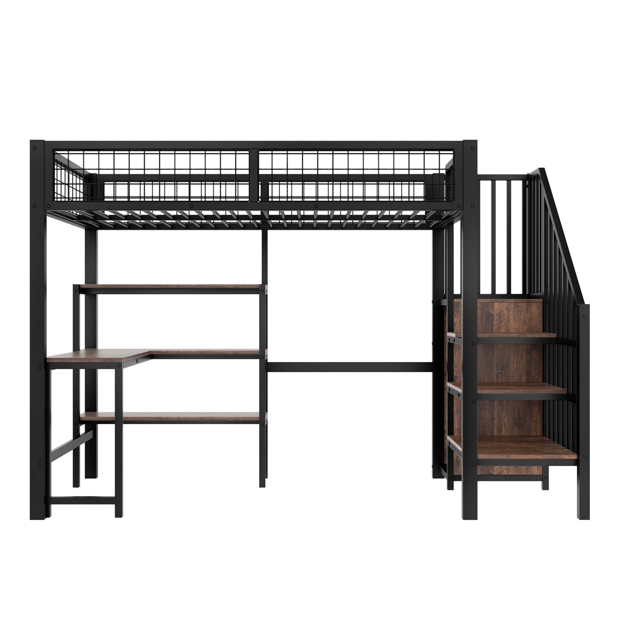 Loft Bed 90*200cm with Desk, Wardrobe and Storage Shelves, Black Iron and MDF