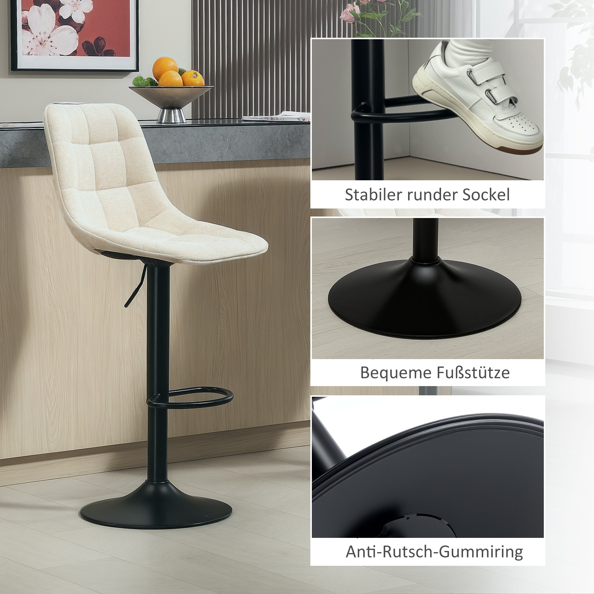 Bar Stool Set of 2, Upholstered with Backrest, Height-Adjustable, Swivel, Beige