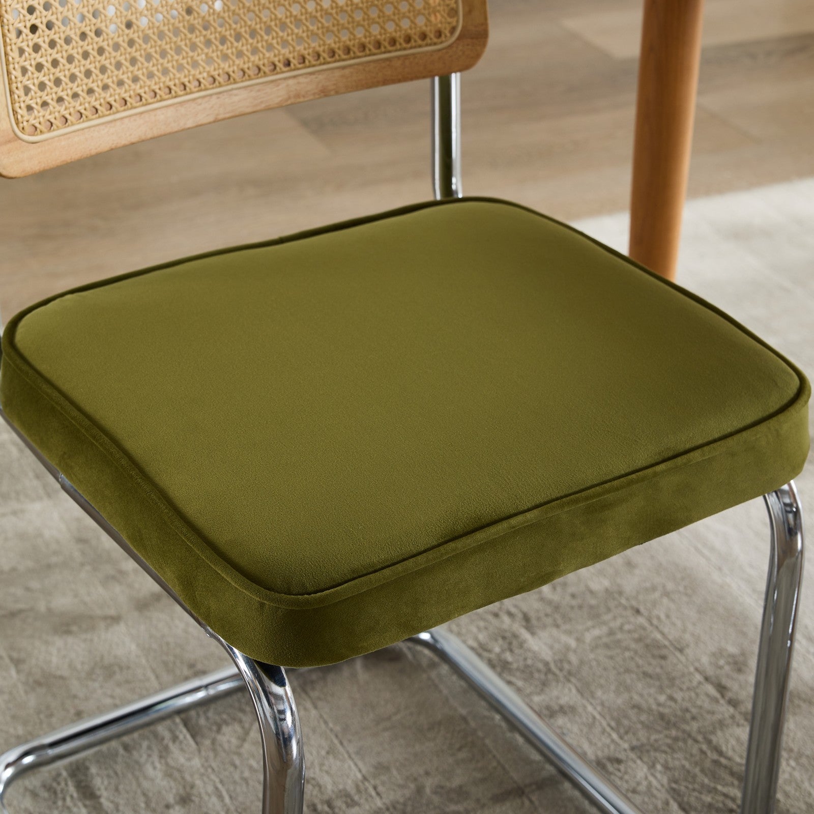 Dining Chairs Set of 2 Mid Century Modern Velvet Cane Back Chrome Base - Olive Green