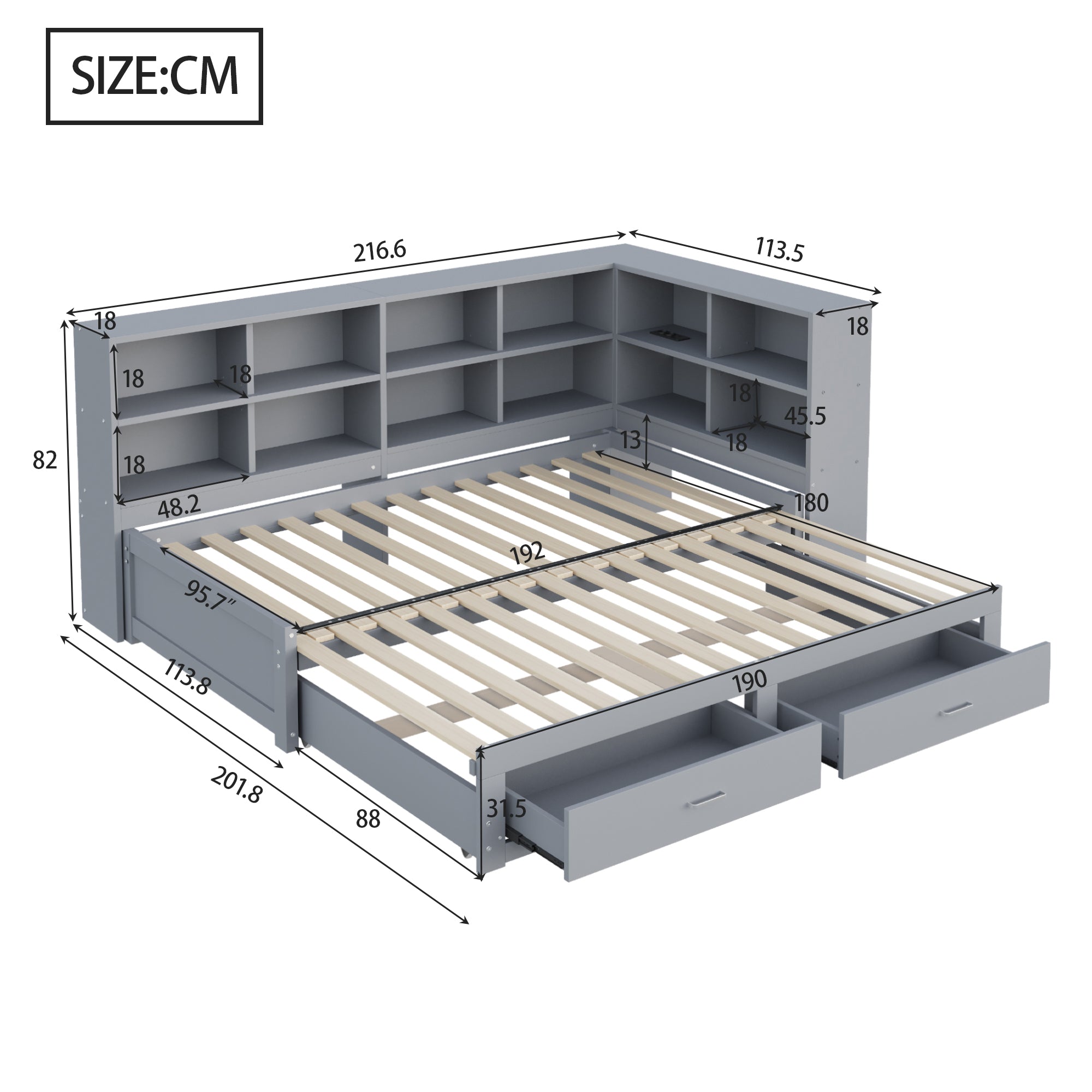 Solid Wood Sofa 90/180x190cm Pull-out Bed Storage Drawers, Grey