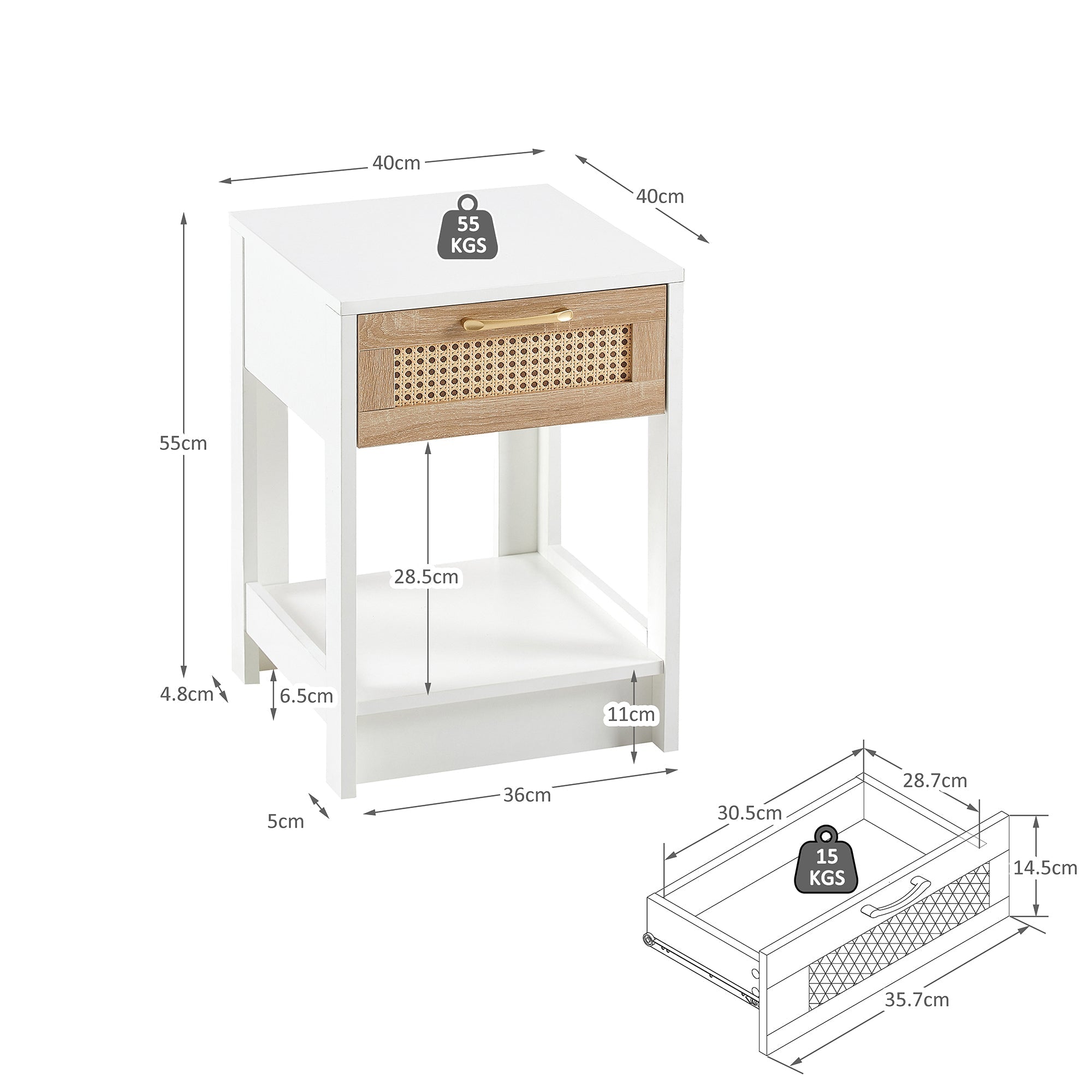 Rattan Side/Bedside Table with Drawer Modern - White