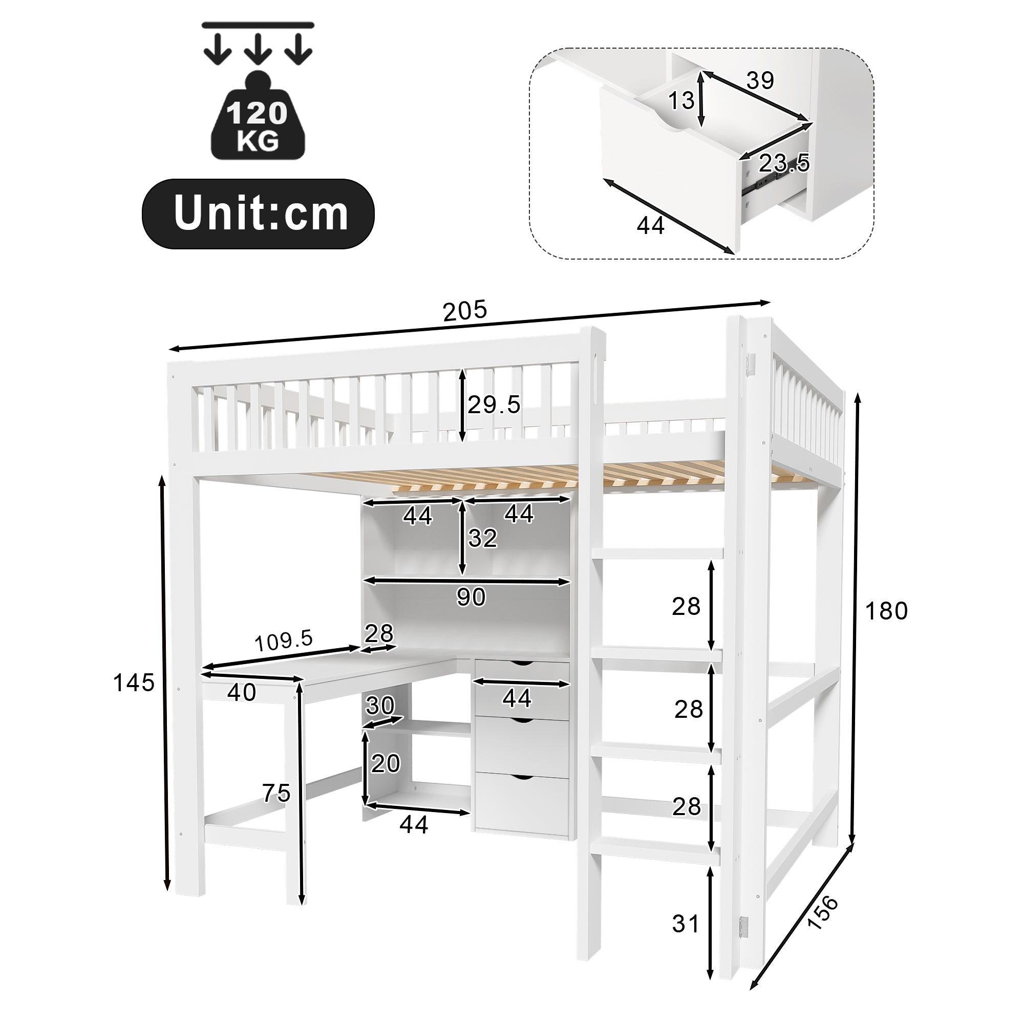 Loft Bed 140x200cm Storage Ladder Desk 3 Drawers, White