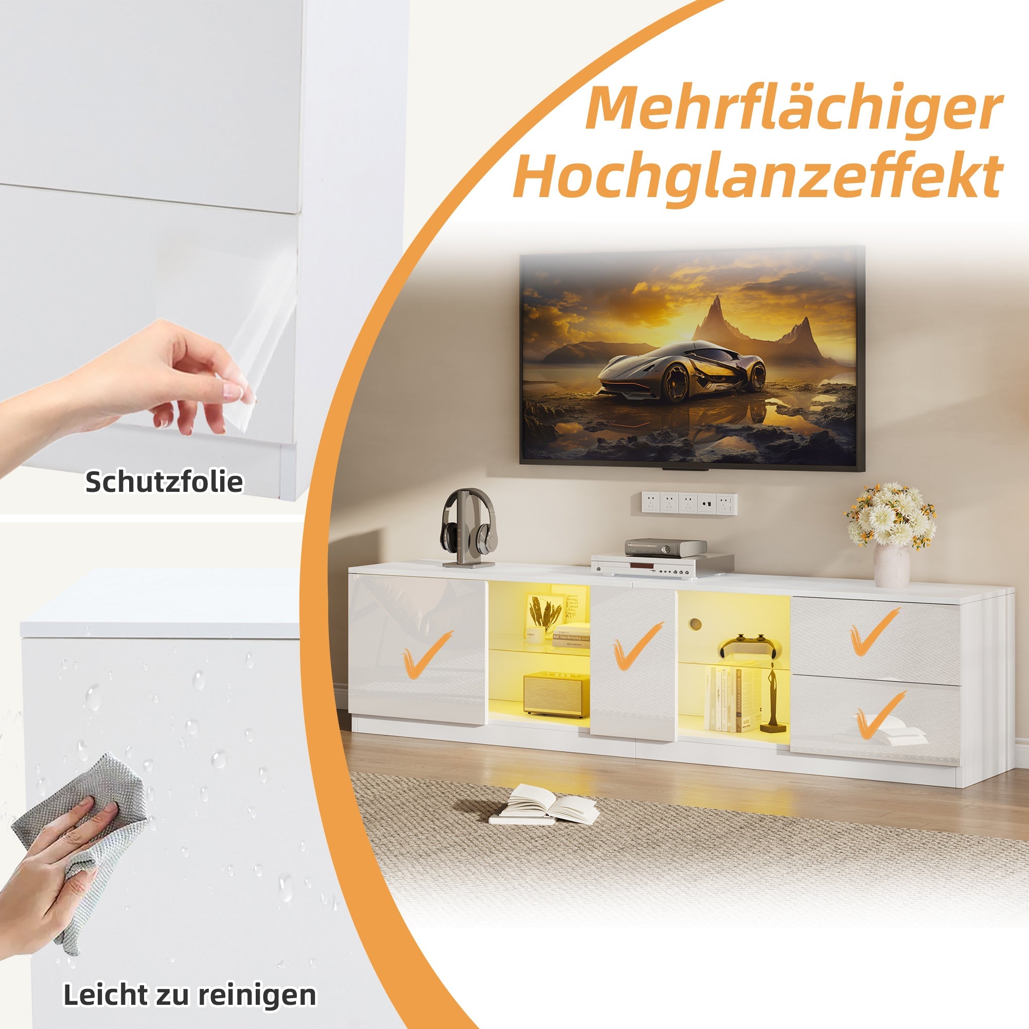 TV Stand 160 x 40 x 52 cm, High-Gloss with LED Lighting, for 65" TVs, Living Room and Bedroom
