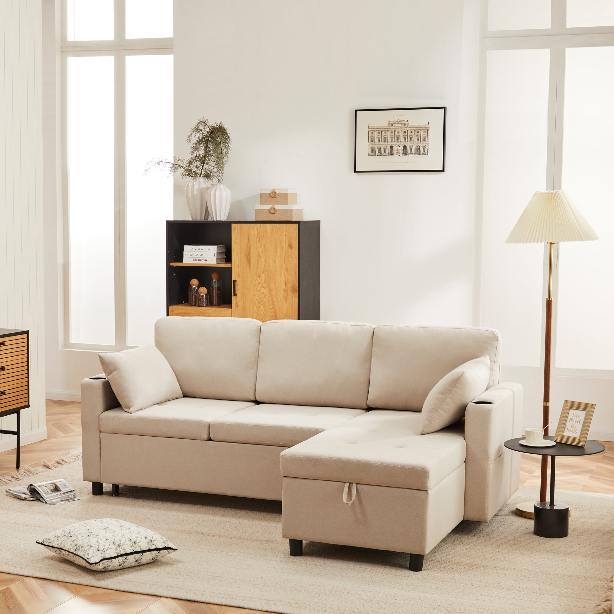 Sofa Bed, 3 Seater L-Shaped Sectional with Pull-out Storage, Convertible Settee for Living Room, Beige Fabric