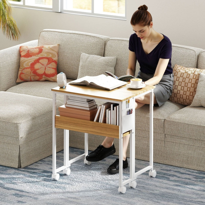 Folding Desk small 63 cm with wheels, shelf, storage bag, natural