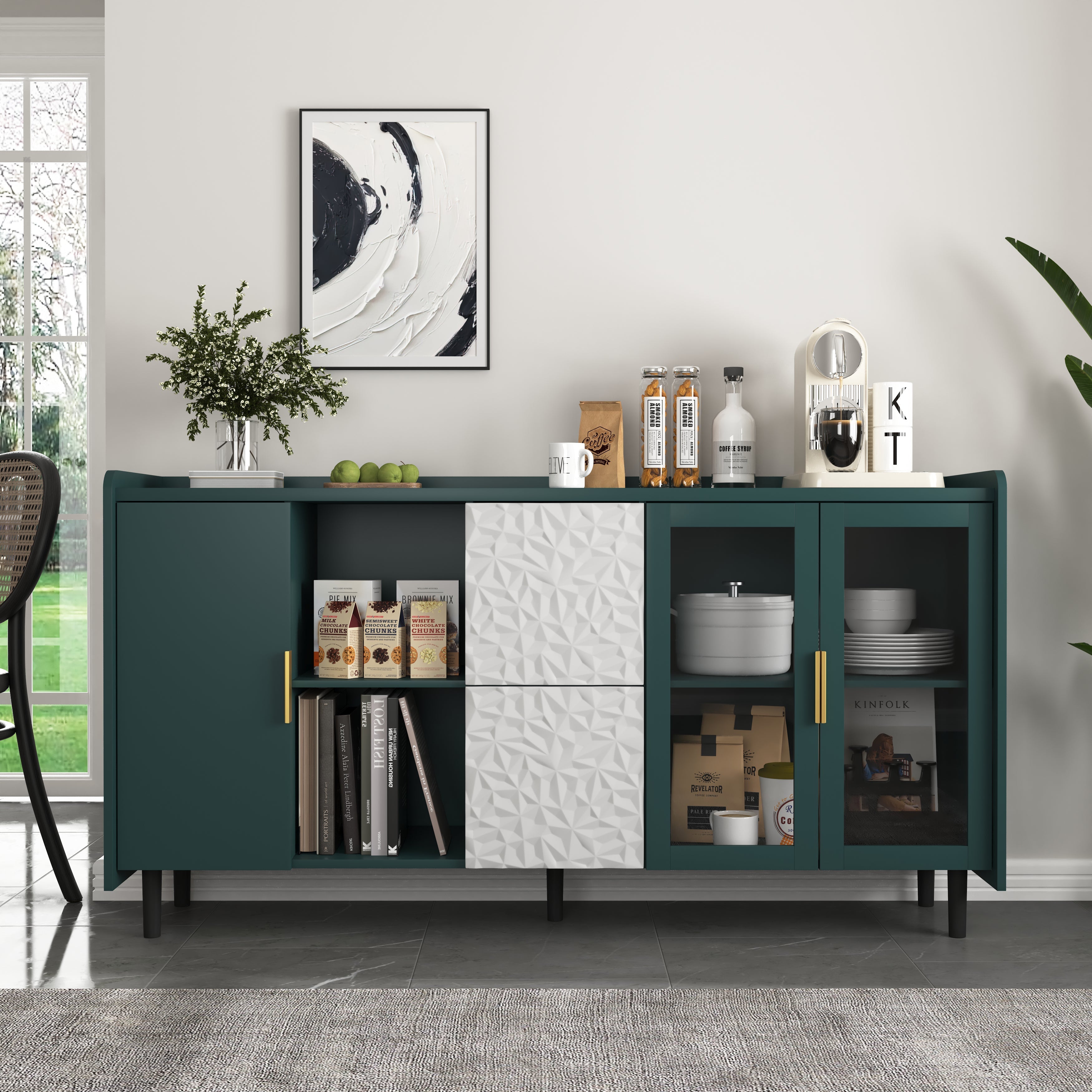 Modern Pantry Cabinet 55-inch with 2 Drawers 2 Glass Doors & Shelves - Green