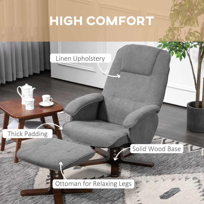 Linen Recliner Chair and Footstool, Swivel Reclining with Wooden Base, Grey