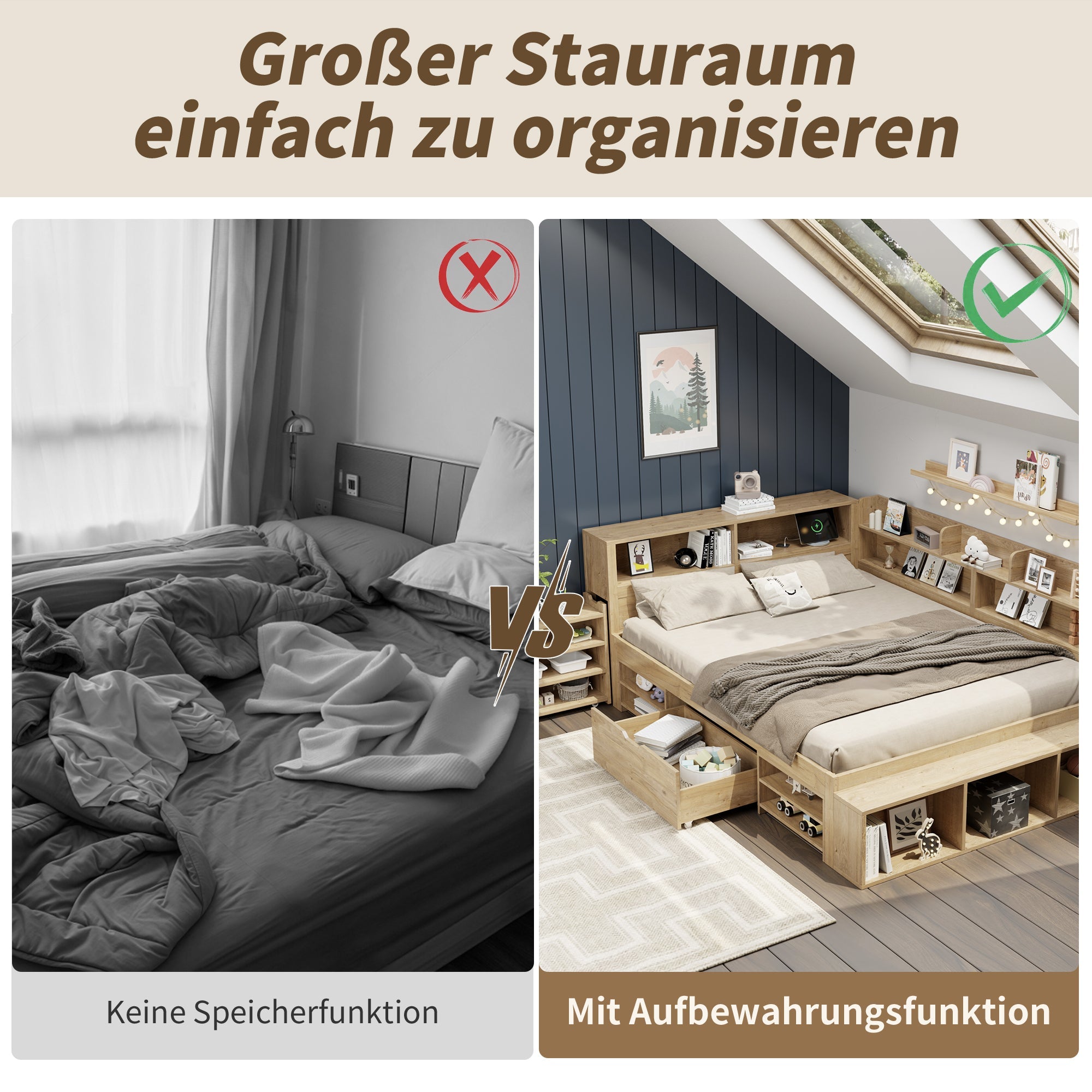 Multifunctional Children's Storage Bed with Nightstands, Shelves and Wireless Charging, Natural