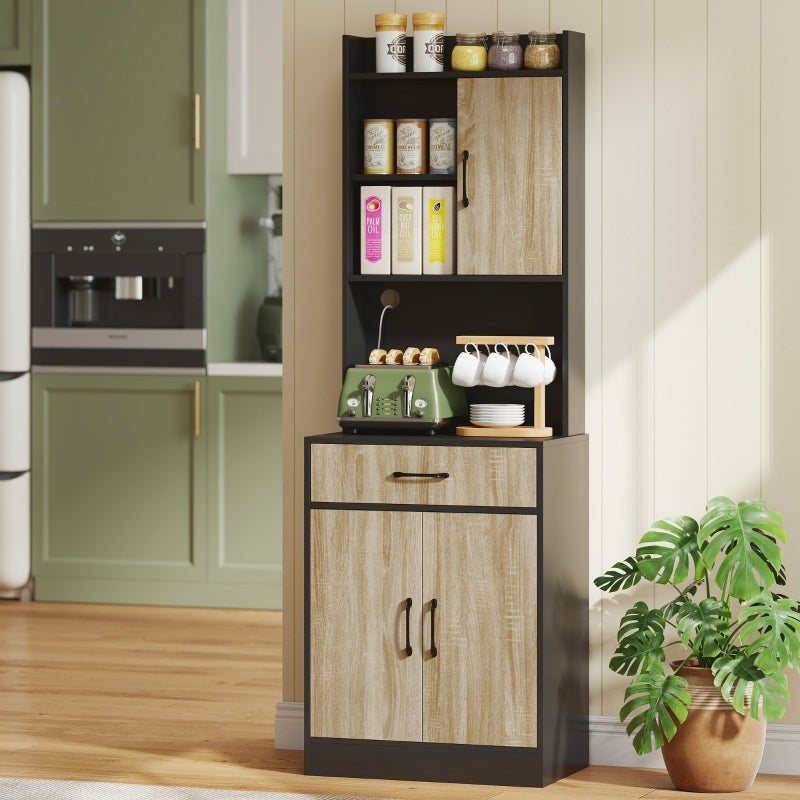 Kitchen Cabinet with Work Surface, Drawer & 3 Open Shelves, Natural Wood Black