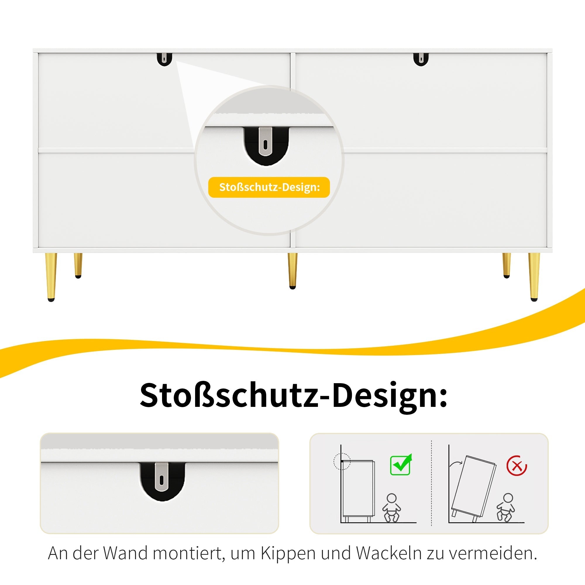 Sideboard, Wave Design with Gold Handles & Feet, White
