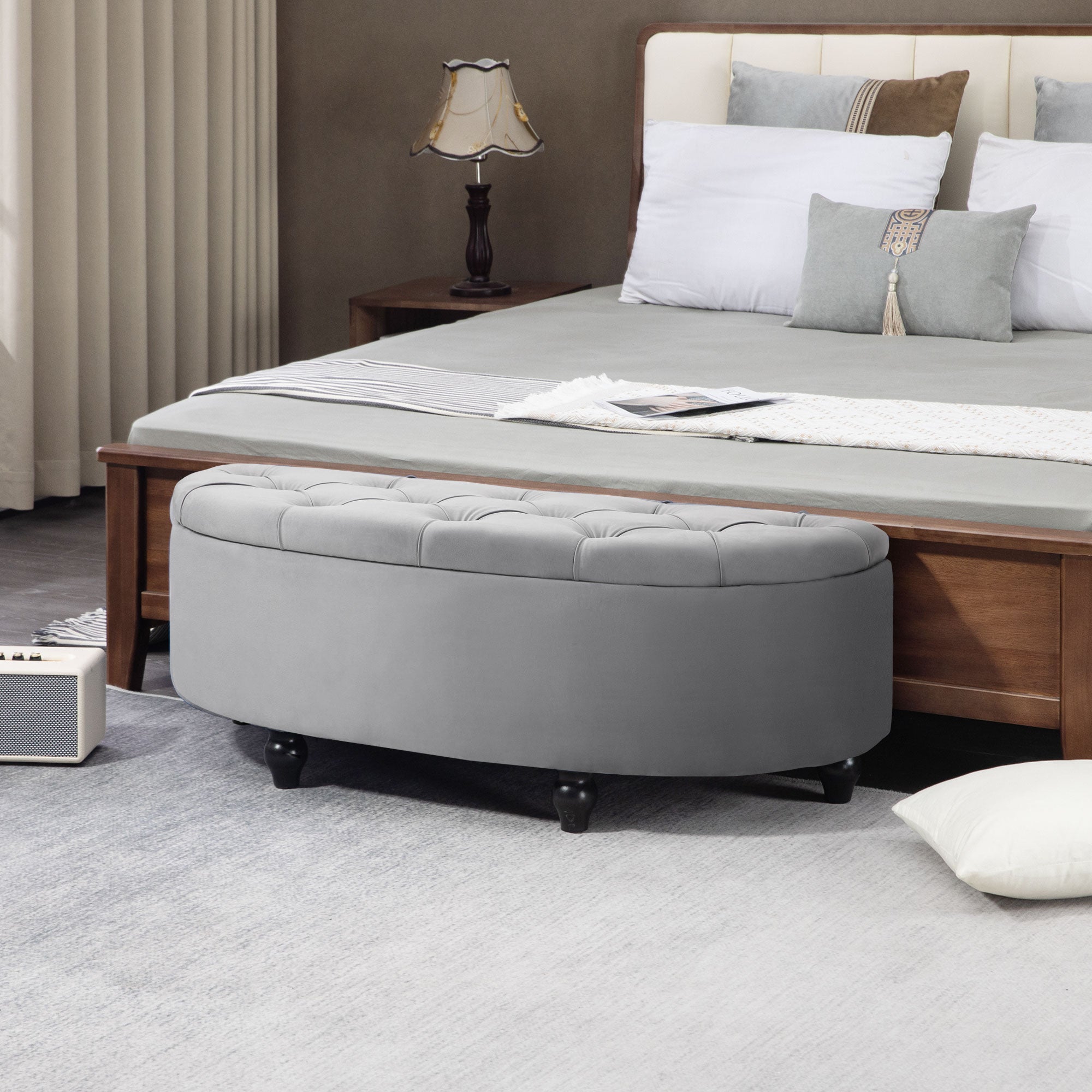Storage Bench Ottoman Footstool, Velvet-Touch Rubberwood, Grey