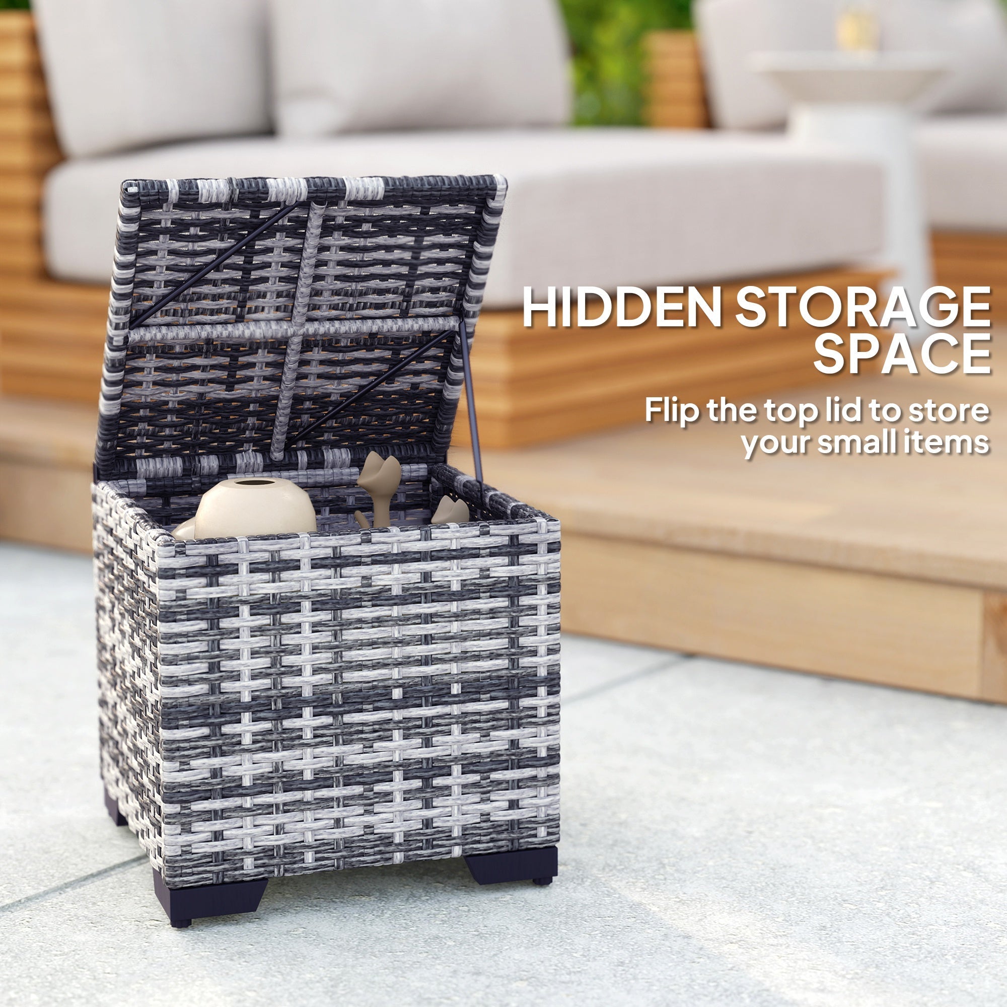 Set of 2 Rattan Storage Ottoman, Outdoor Footstool with Removable Cushions, Dark Grey