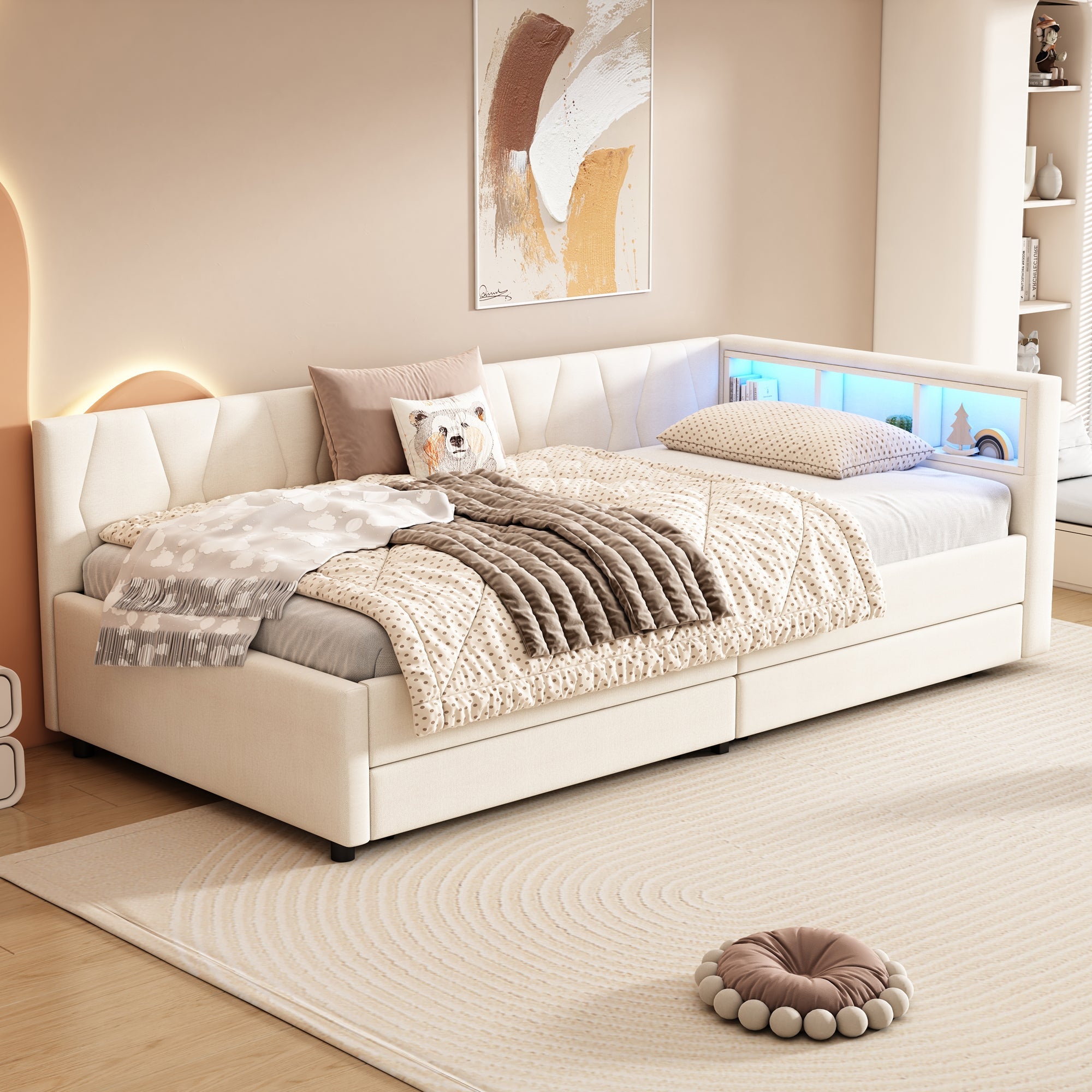Daybed Sofa Bed 90x200cm Storage USB/Type-C LED Light 2 Drawers - Linen Beige