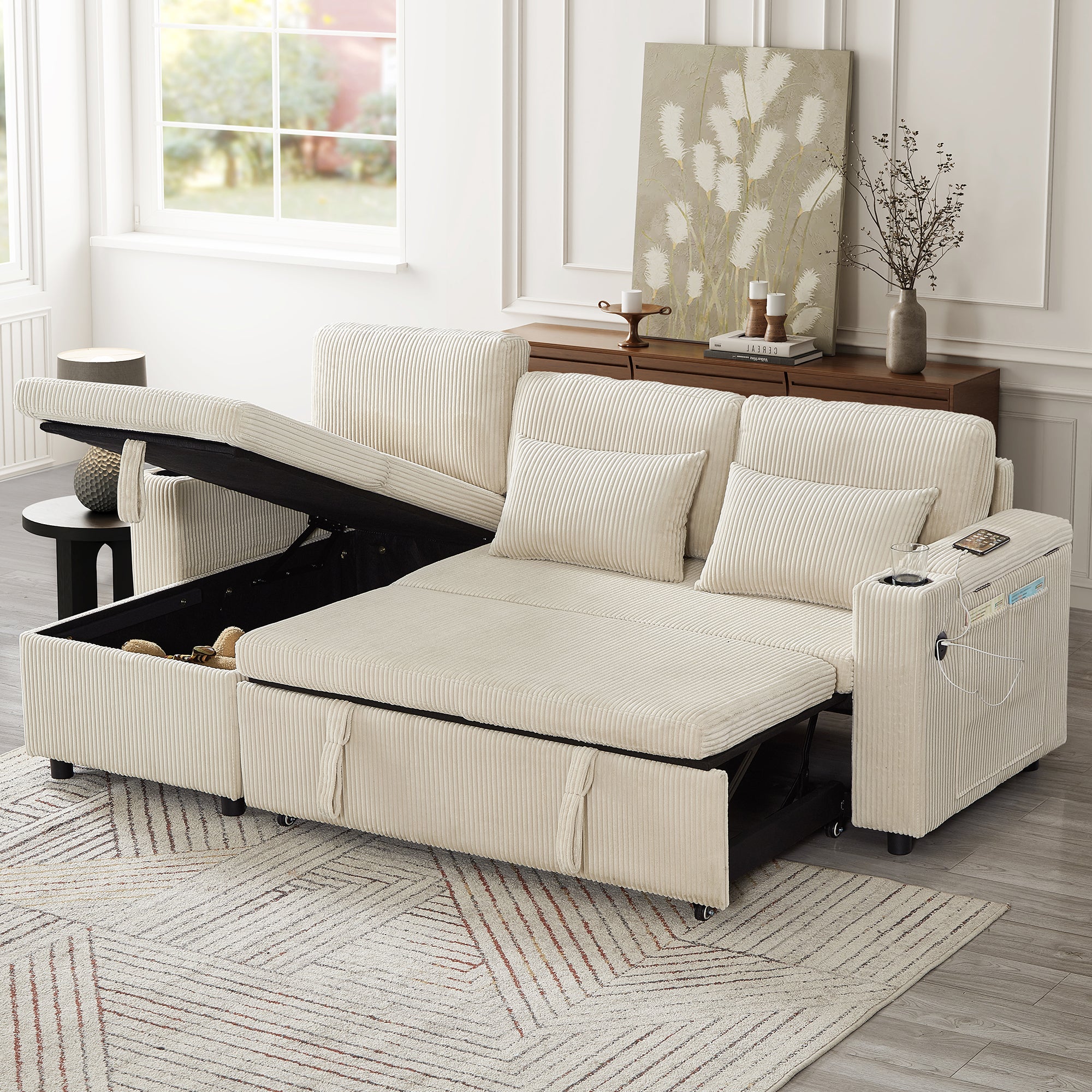 3 in 1 Convertible Corduroy Sofa Bed with Storage Chaise, L-Shaped Sleeper Sofa Couches with Armrest Storage and Charging Station, Pullout Sectional Daybed for Living Room/Bedroom/Office, Beige