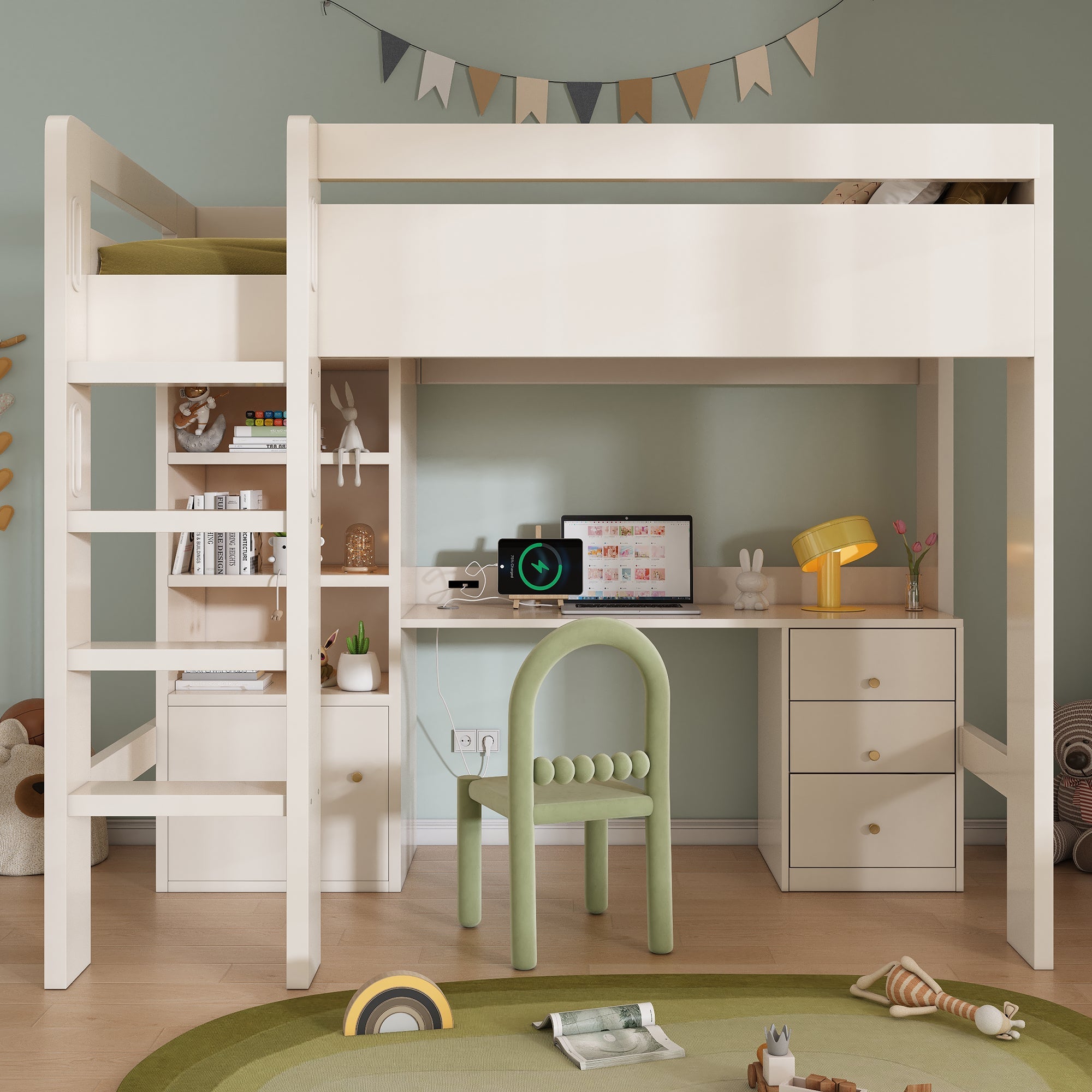 Kids' High Sleeper Bunk Bed with USB-C Desk, Bookshelf, Stairs, & Storage, White