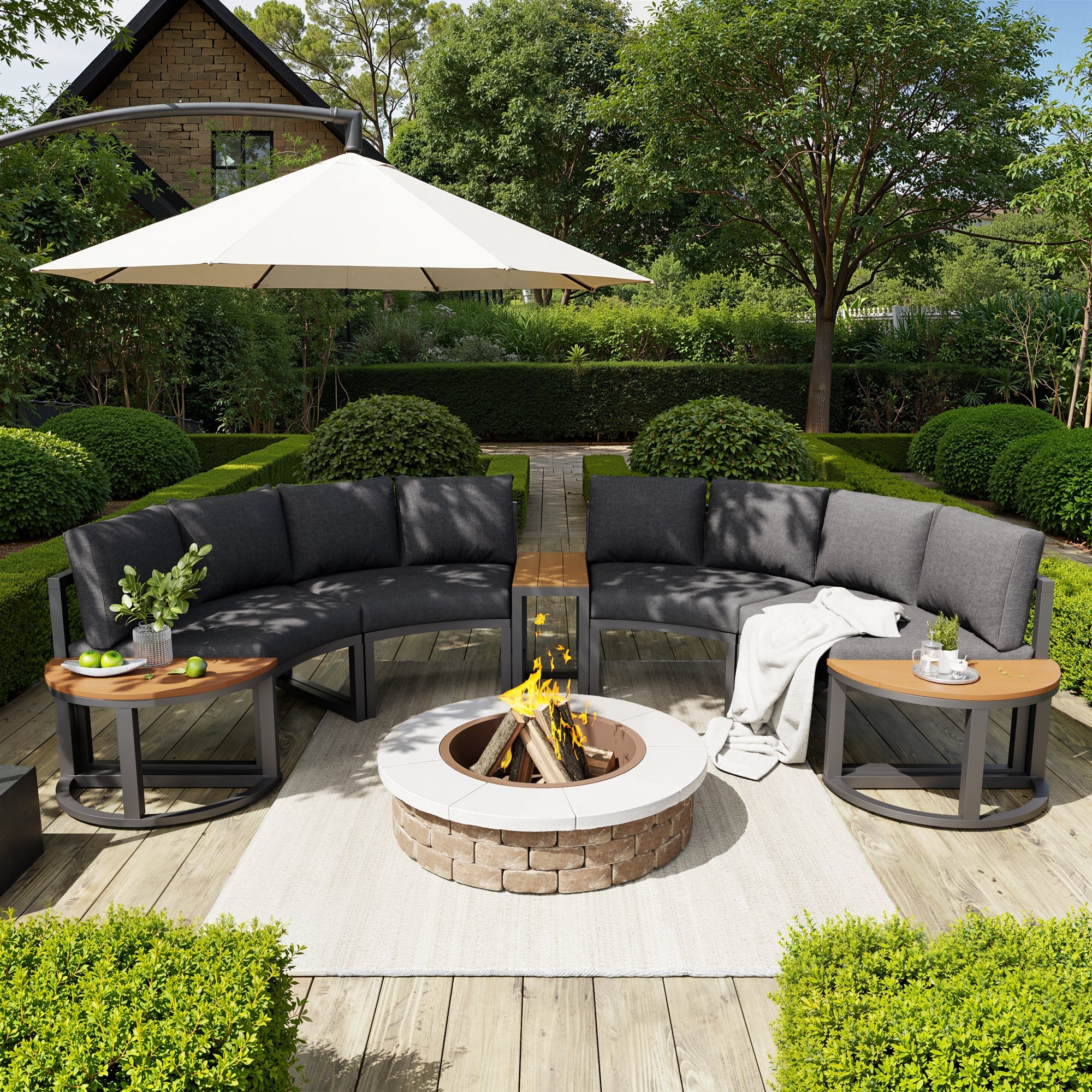 Garden Furniture Set for 4-6 People with Round Sofa and Two Rocking Chairs, Grey