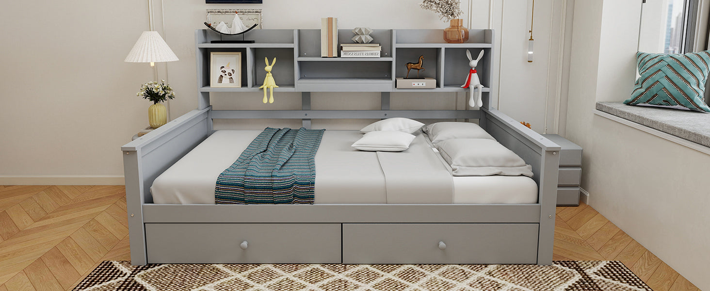 Single Sofa Bed 90x200 with Drawers, Shelves and Slatted Frame, Solid Wood Grey