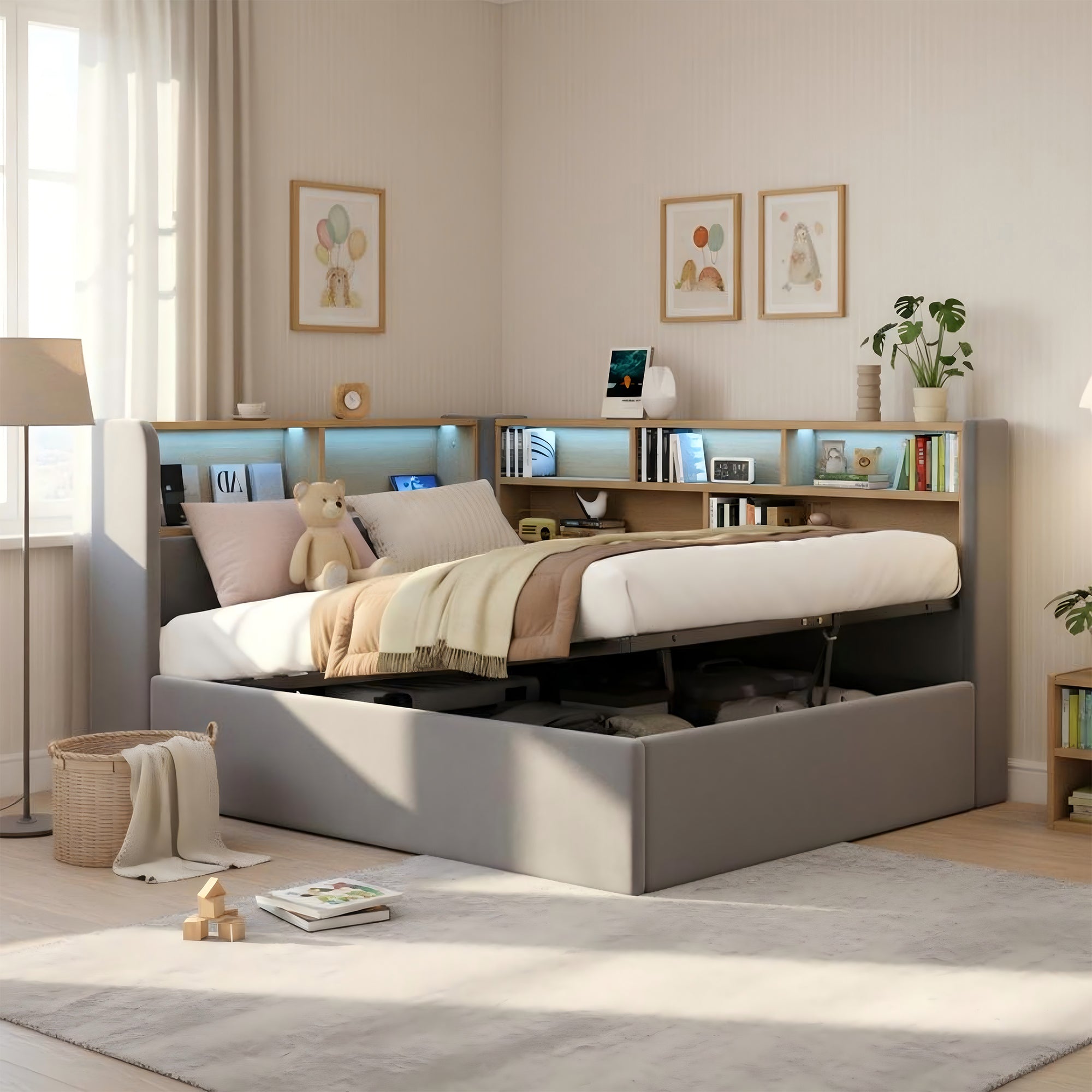 Daybed with Hydraulic Storage, LED and USB, Grey Velvet