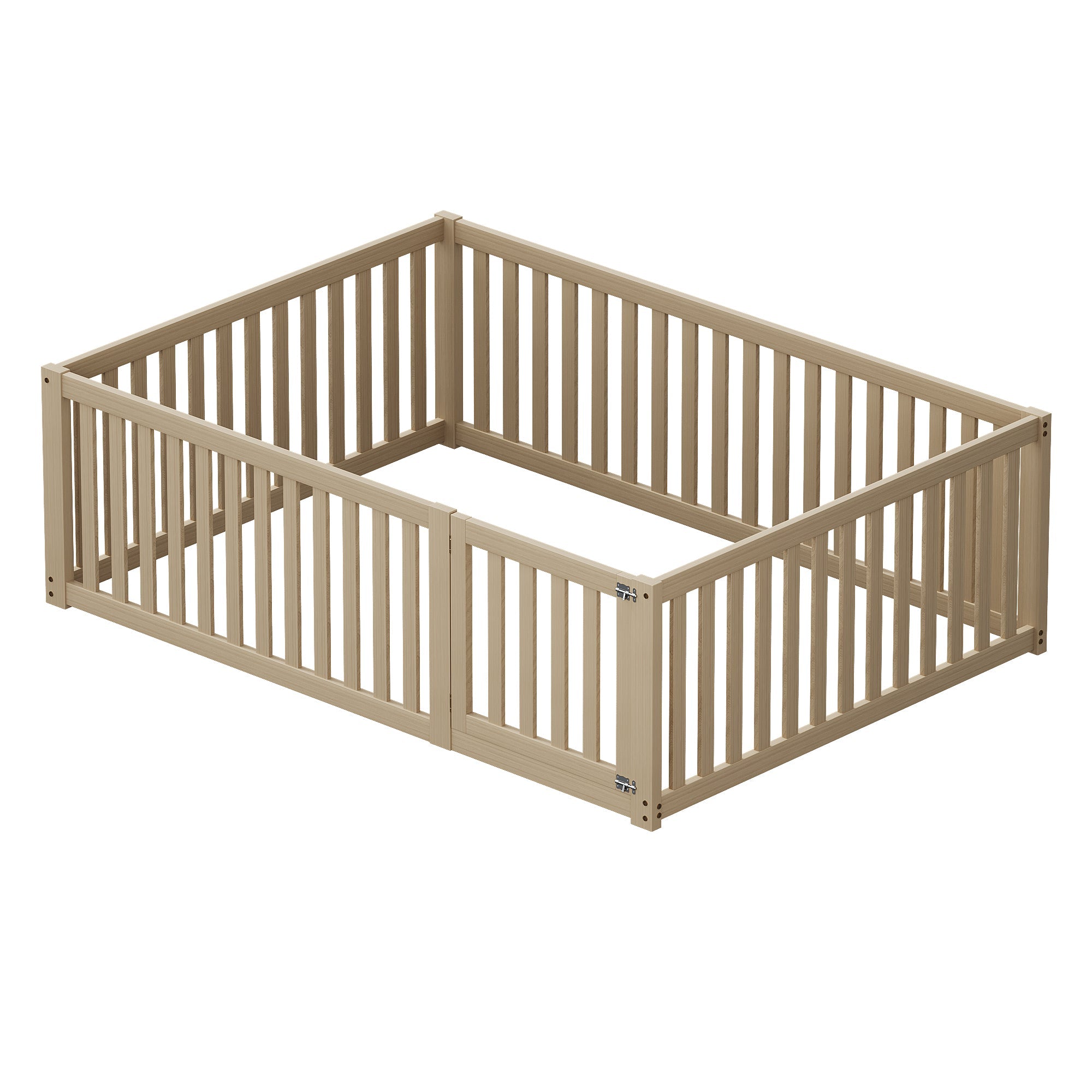 Children's bed 140x200 wooden floor bed frame with fence and door, wood color