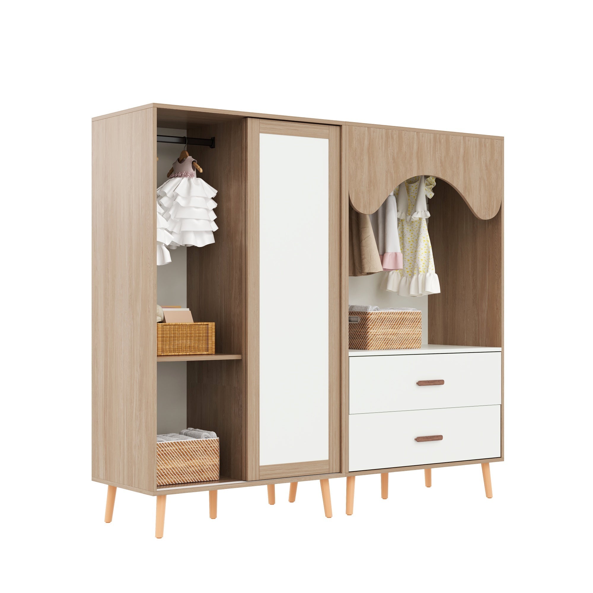 Children's Wardrobe, Sliding Door + Open Combination, 141.5cm, White + Natural Wood