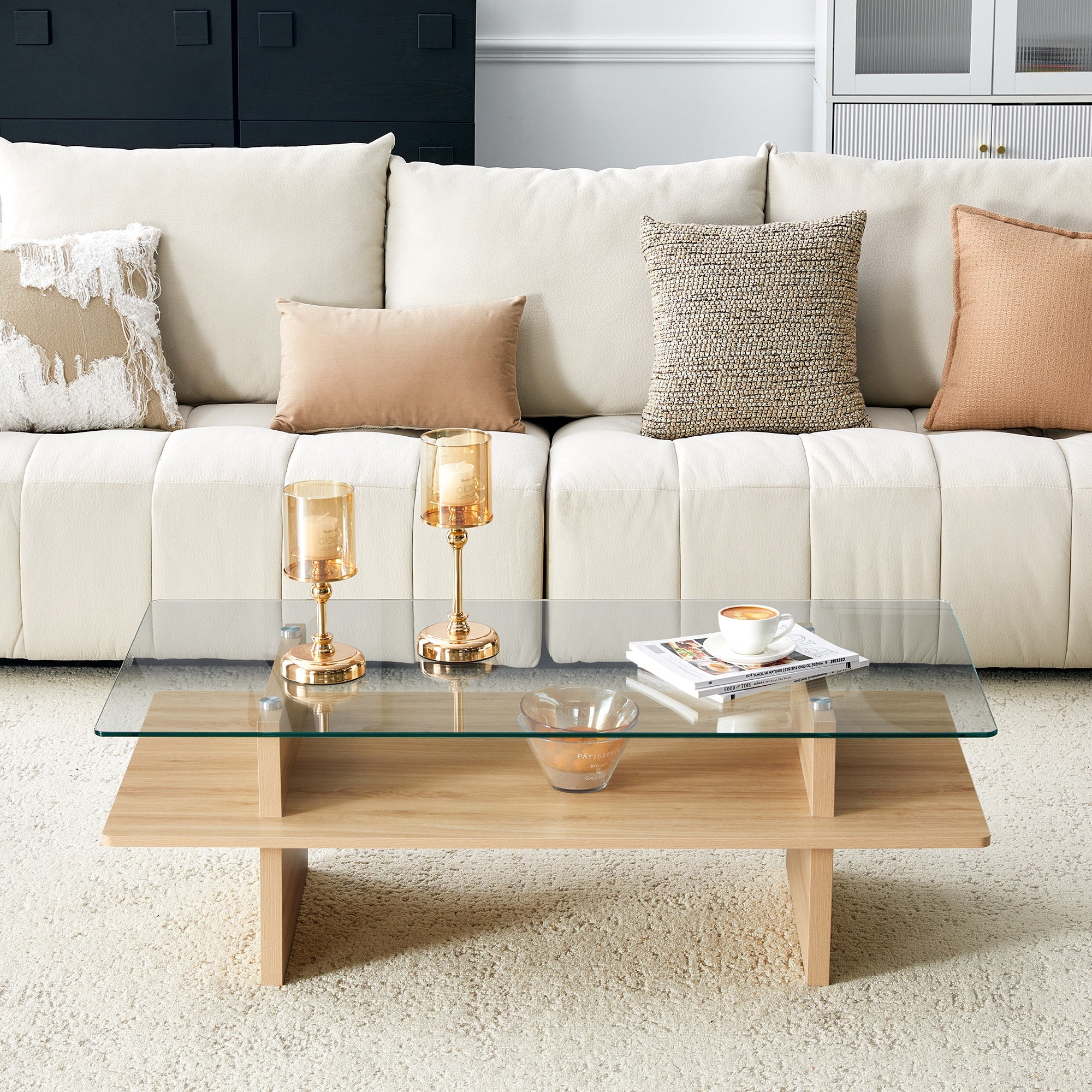 Two-Layer Coffee Table with Tempered Glass and Sturdy MDF Frame, Natural Wood Finish