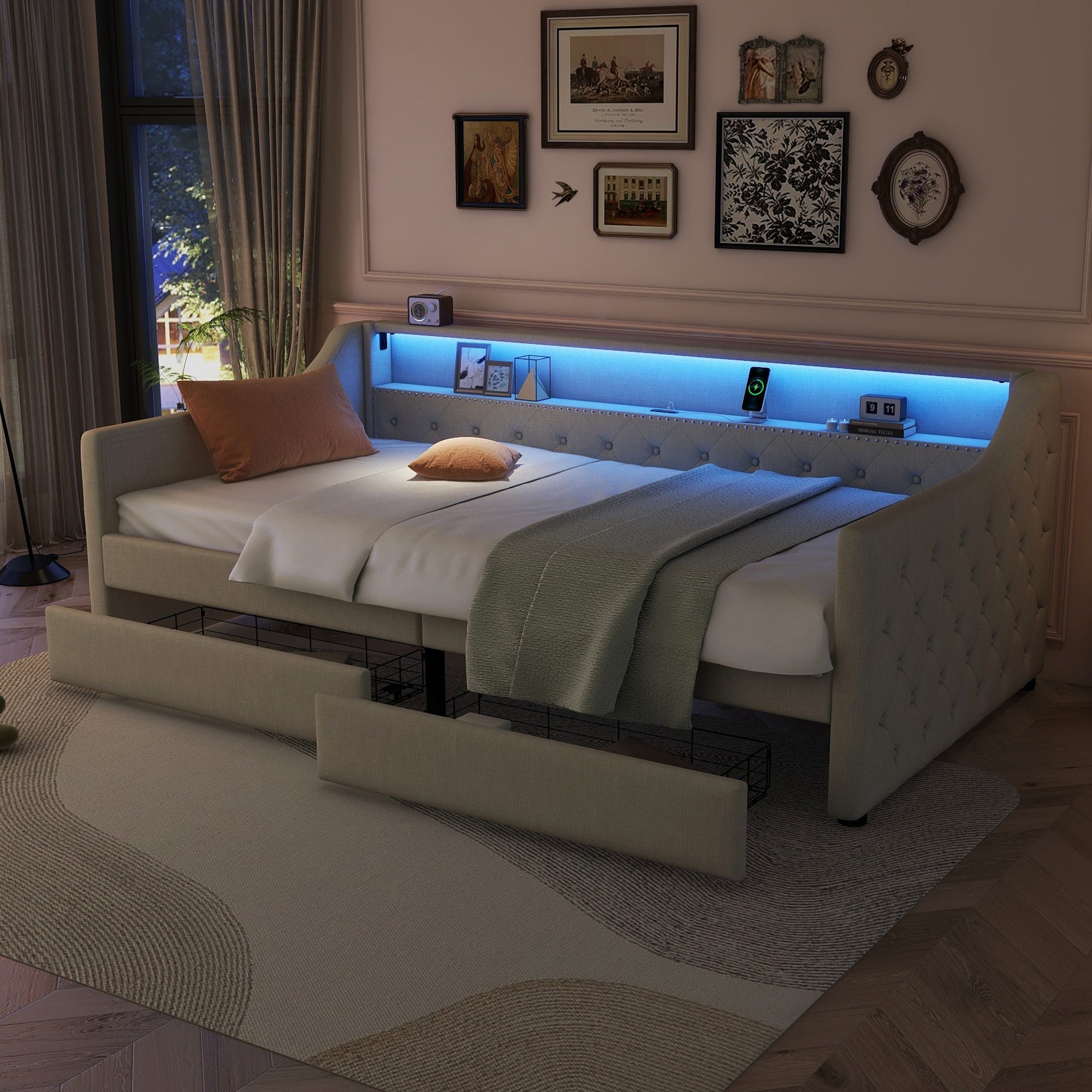 Daybed 90x200cm Ambient Light 2 Drawers USB - Linen Beige