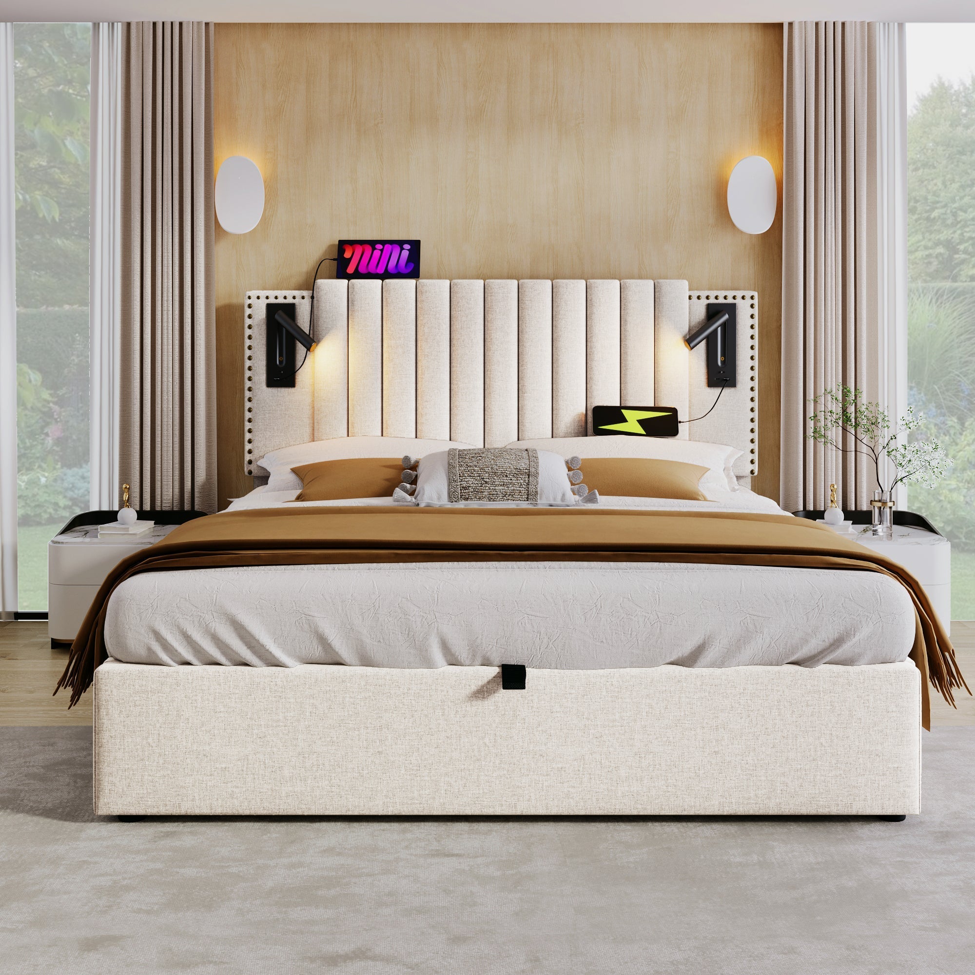 Upholstered Bed, 180x200 Double with Storage, USB Reading Light & Rivet Headboard, Beige Cotton