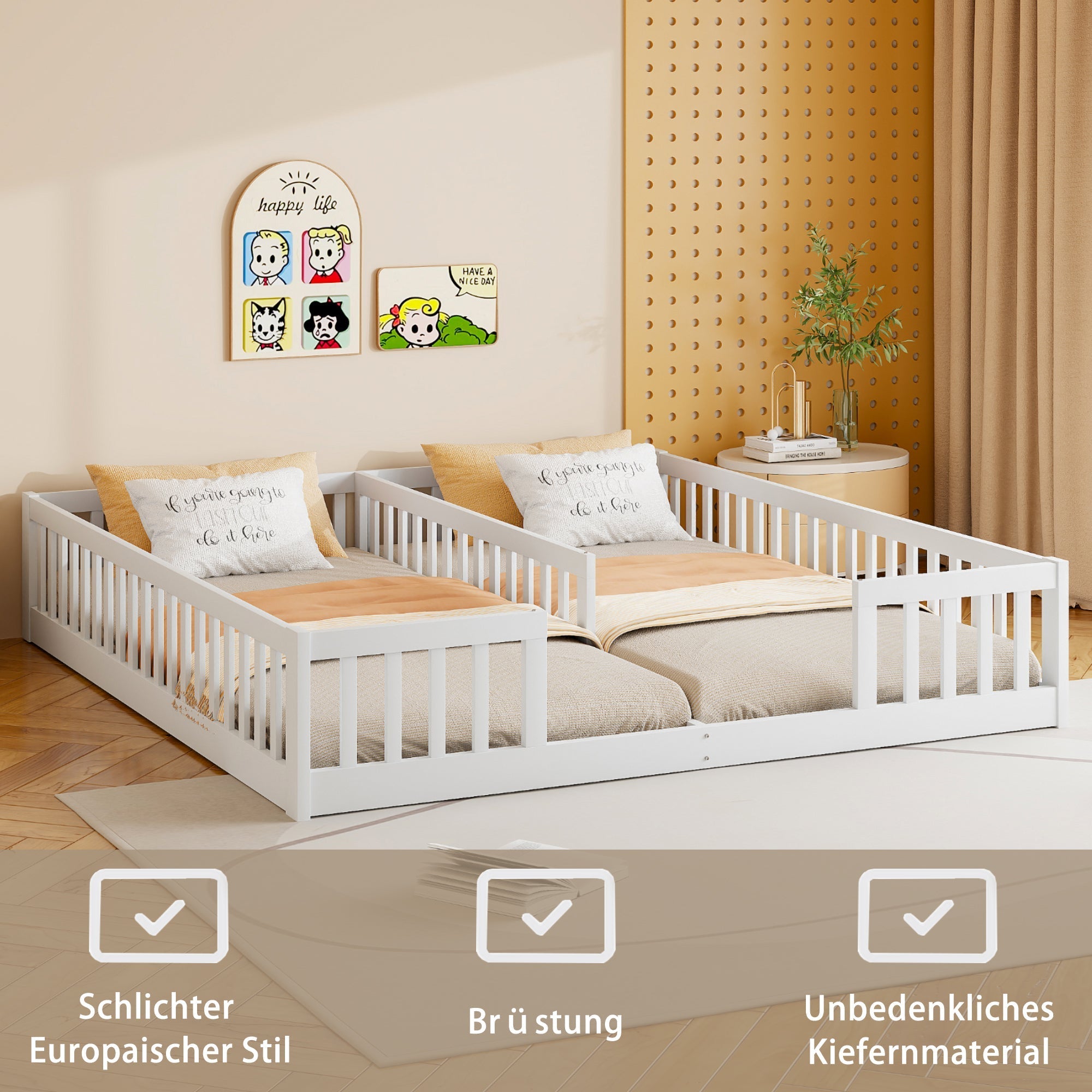 Panel Bed 90x200cm with Railing Minimalist Pine Wood - White