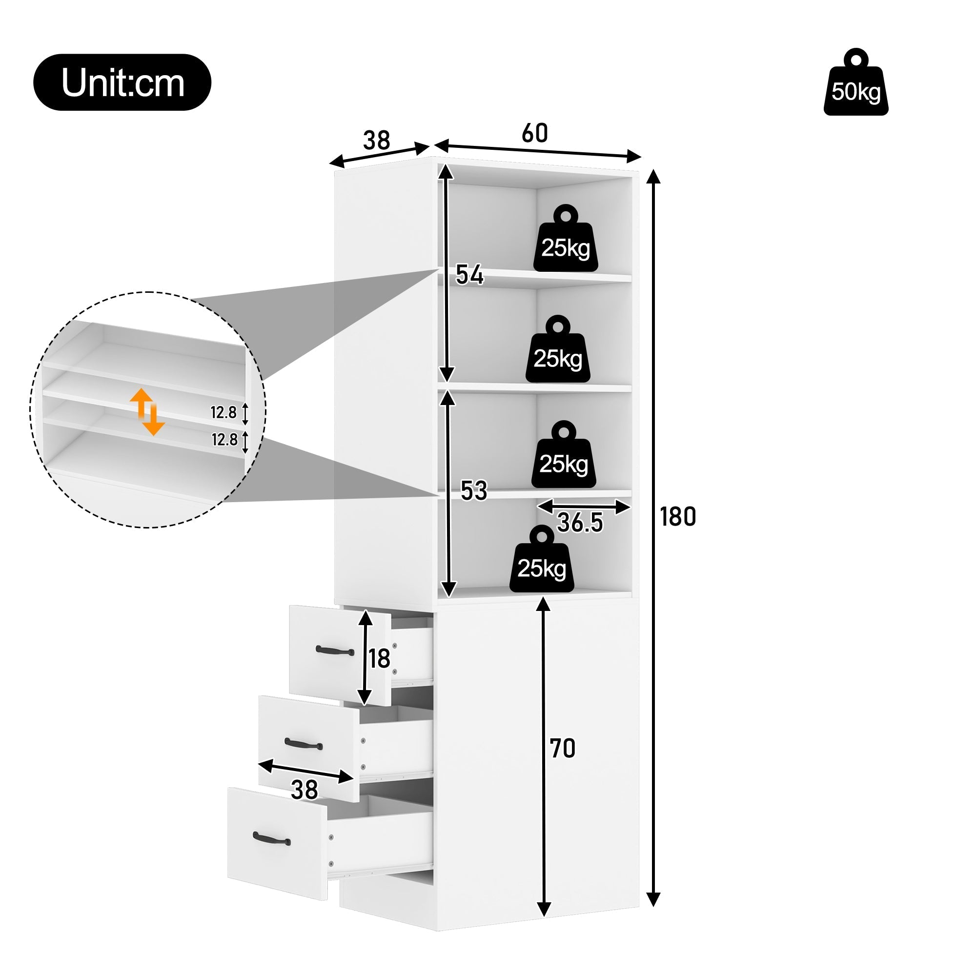Bookcase, 180cm Extra-Narrow with Side Drawers, Adjustable Shelves, Living Room Tall Cabinet