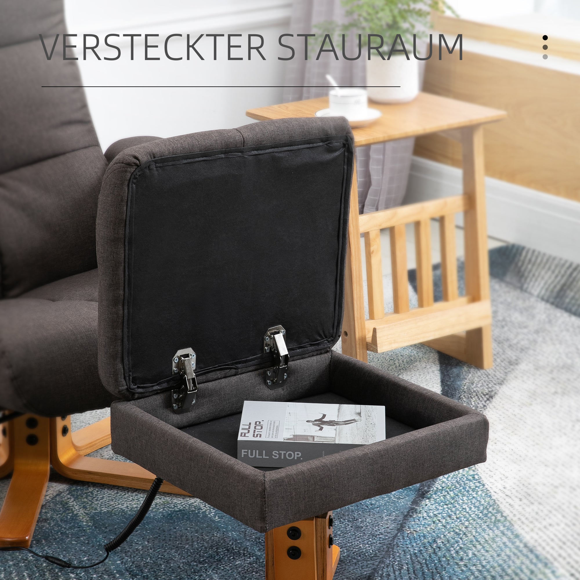 Reclining Massage Chair Footstool Storage 145° Recline, Brown Polyester
