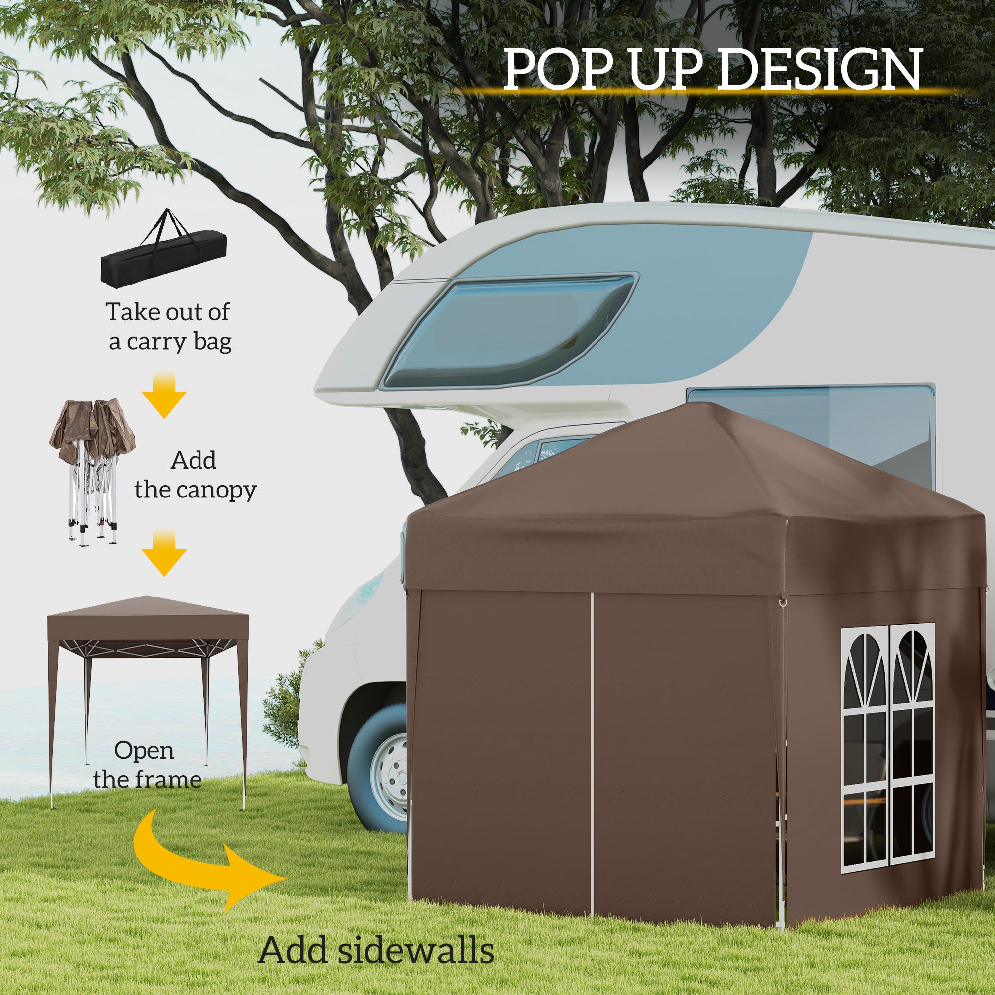 2x2m Garden Pop Up Gazebo Tent with Sidewalls, Windows, Carry Bag, Coffee