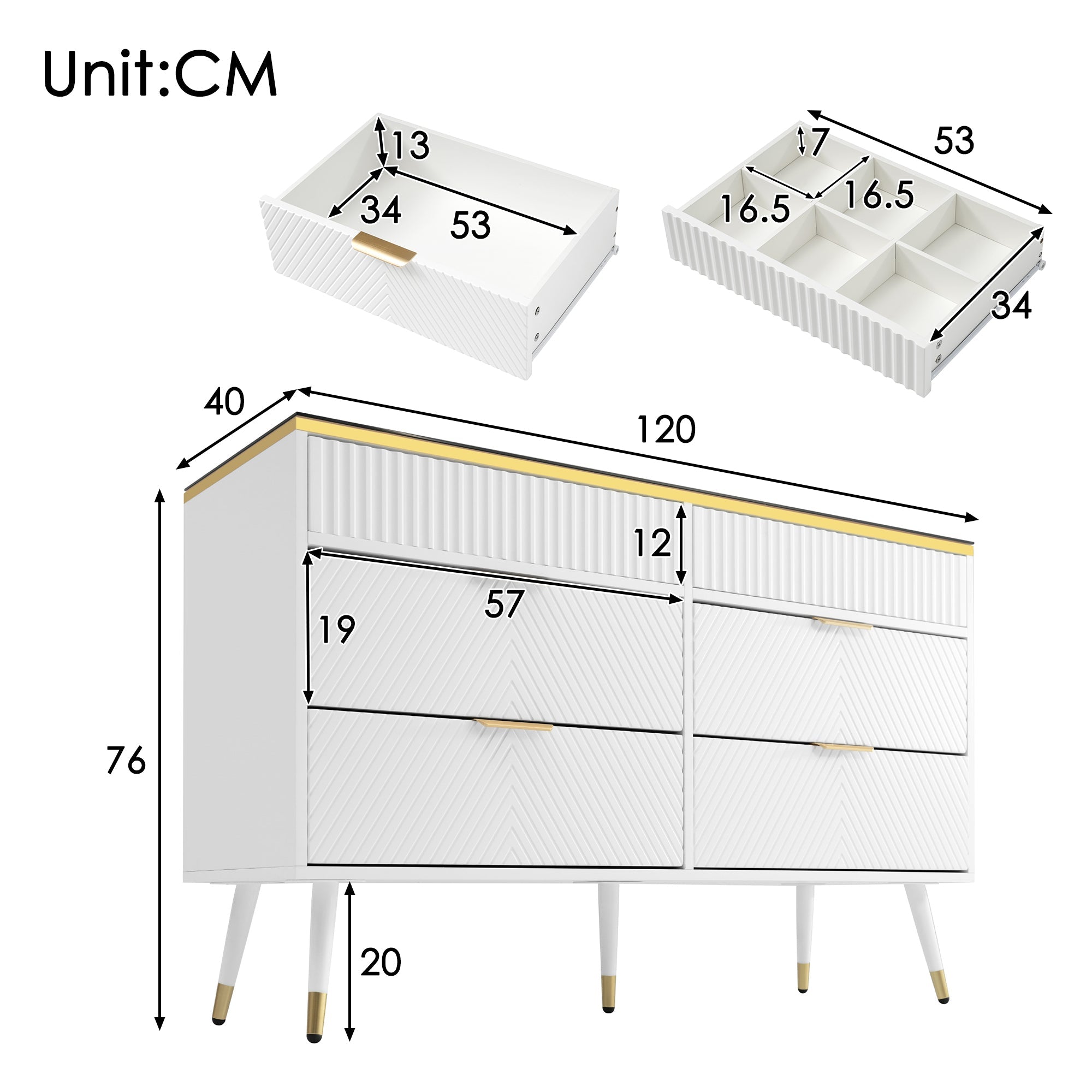 Sideboard, 6-Drawer Amber Glass, White