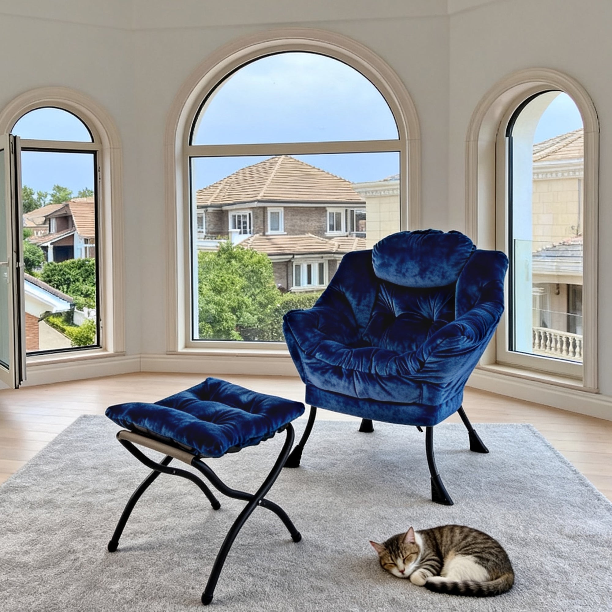 Armchair Recliner with Footstool Side Pocket - Dark Blue