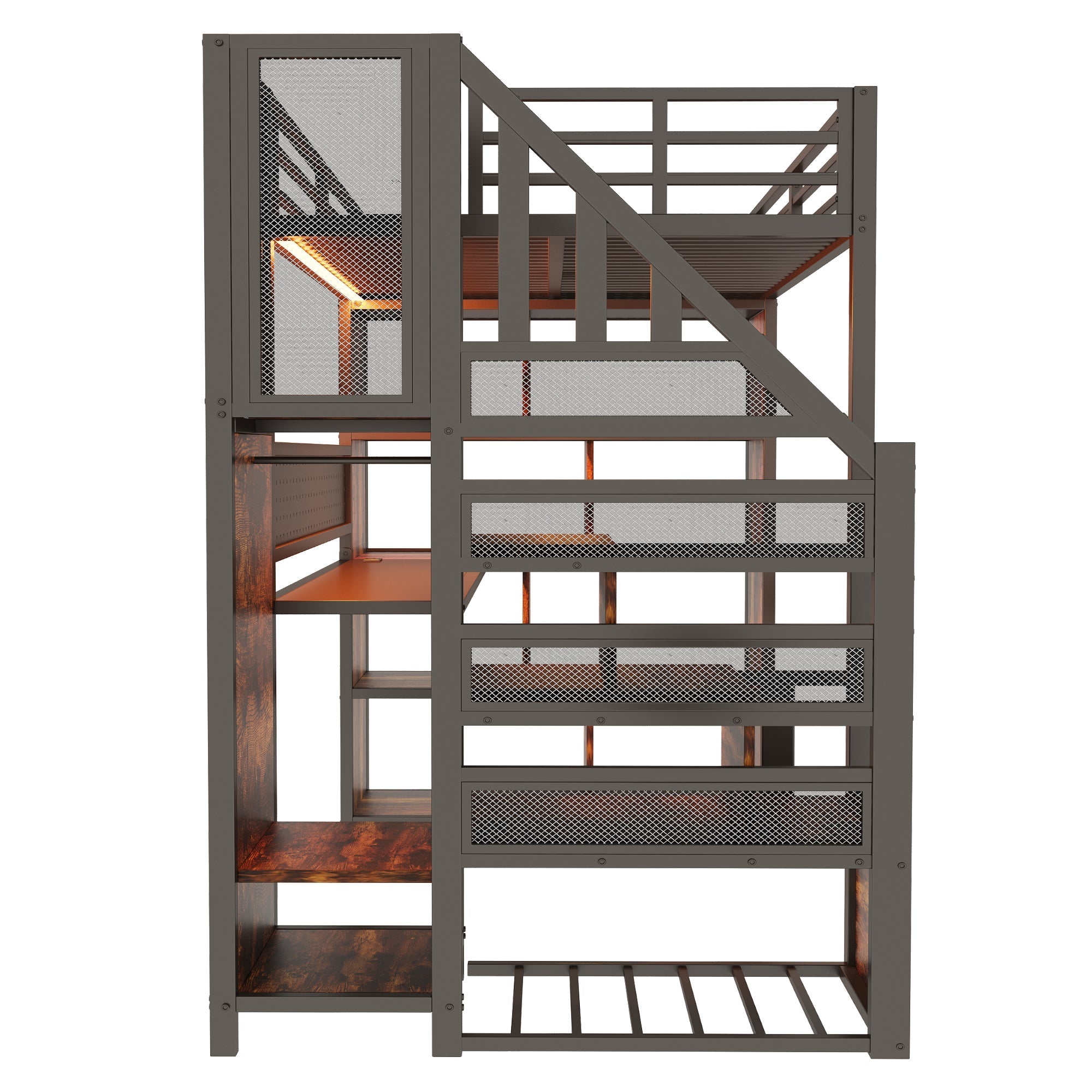 Metal Loft Bed with Wardrobe, Desk and LED Light Strip, Black Metal