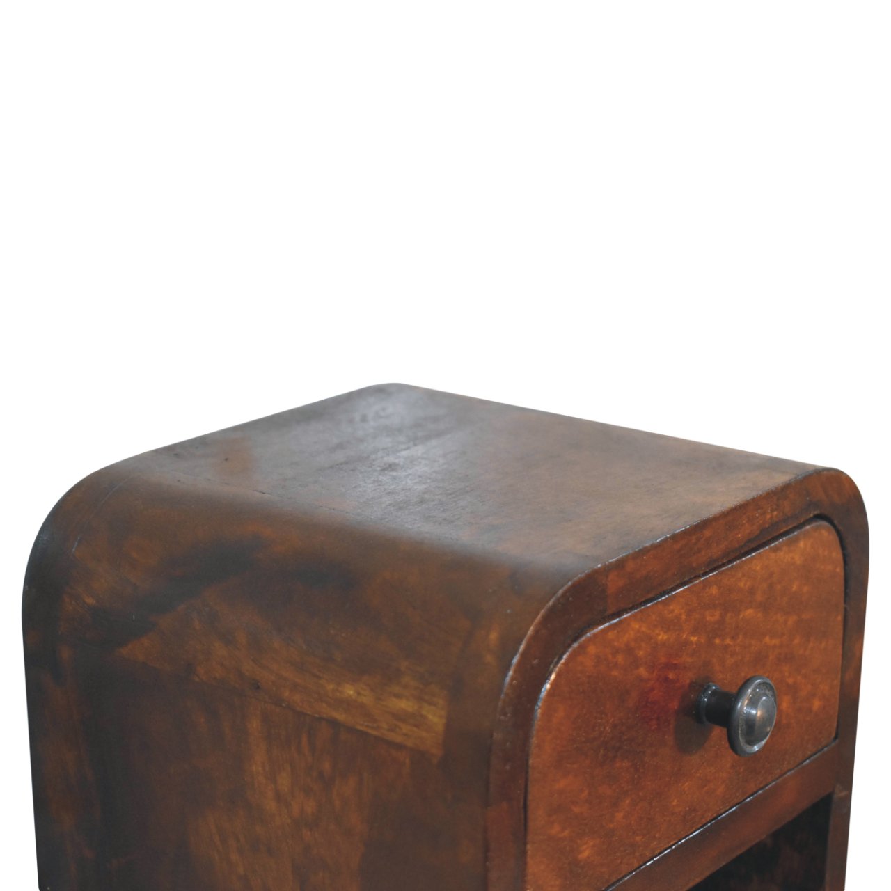 Solid Wood Extra Mini Curved Bedside, 1 Drawer and Open Shelf, Dark Brown