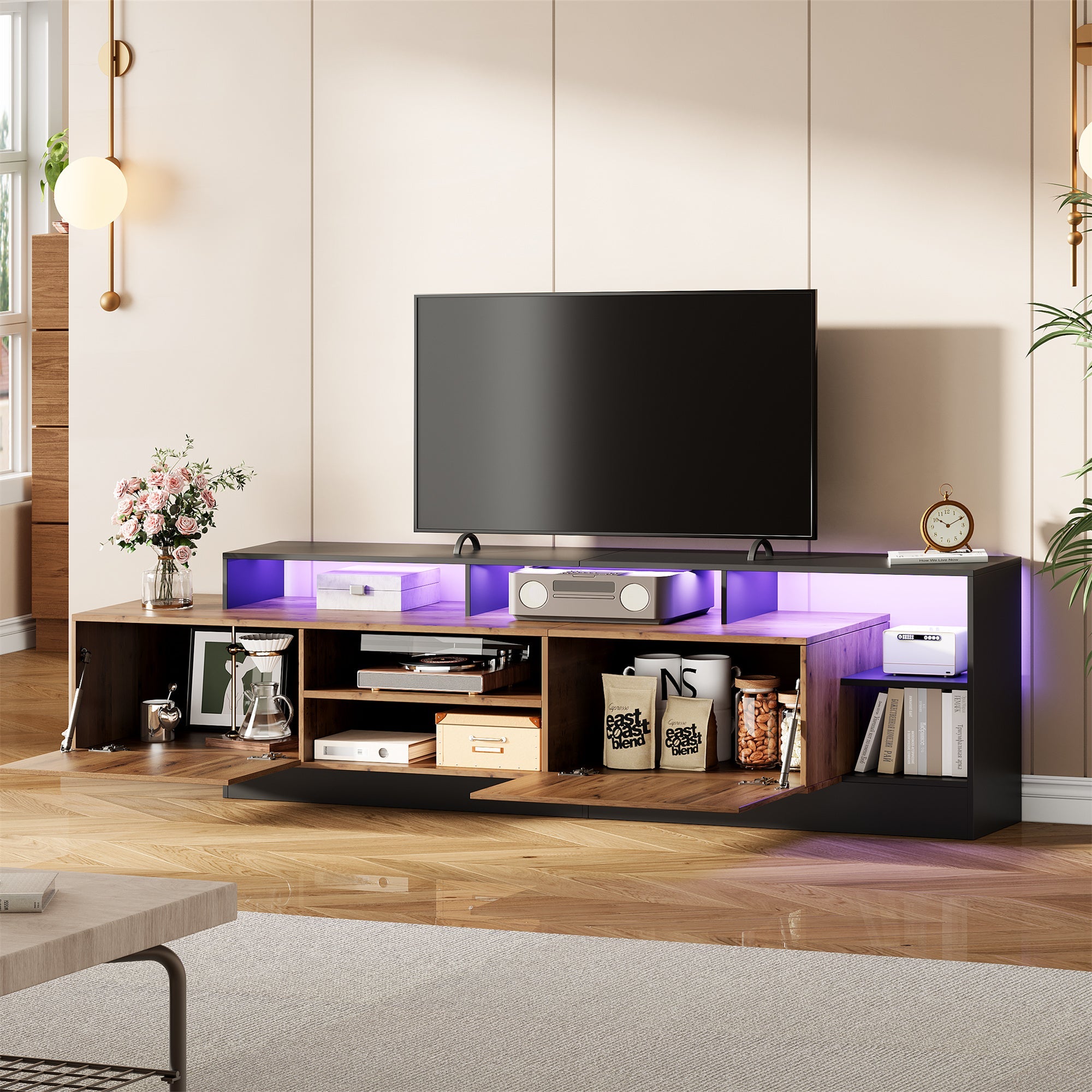 TV Cabinet 70 Inch Open Storage LED Display Wood/Black Frame