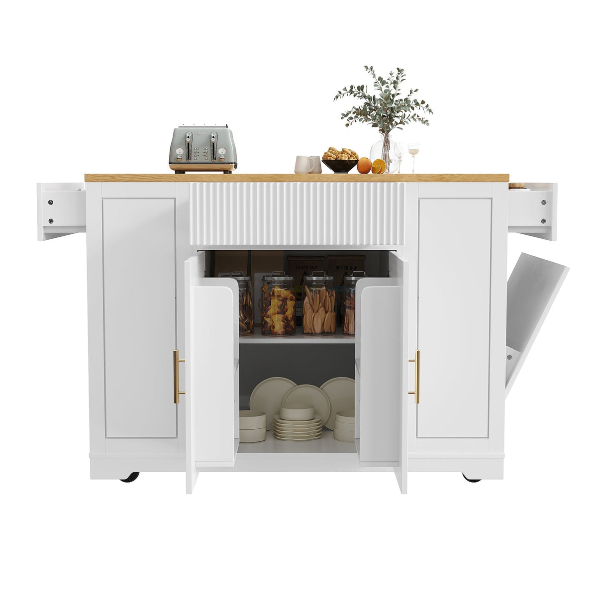 Kitchen Island with Wheels Waste Bin Storage 2 Doors 3 Drawers