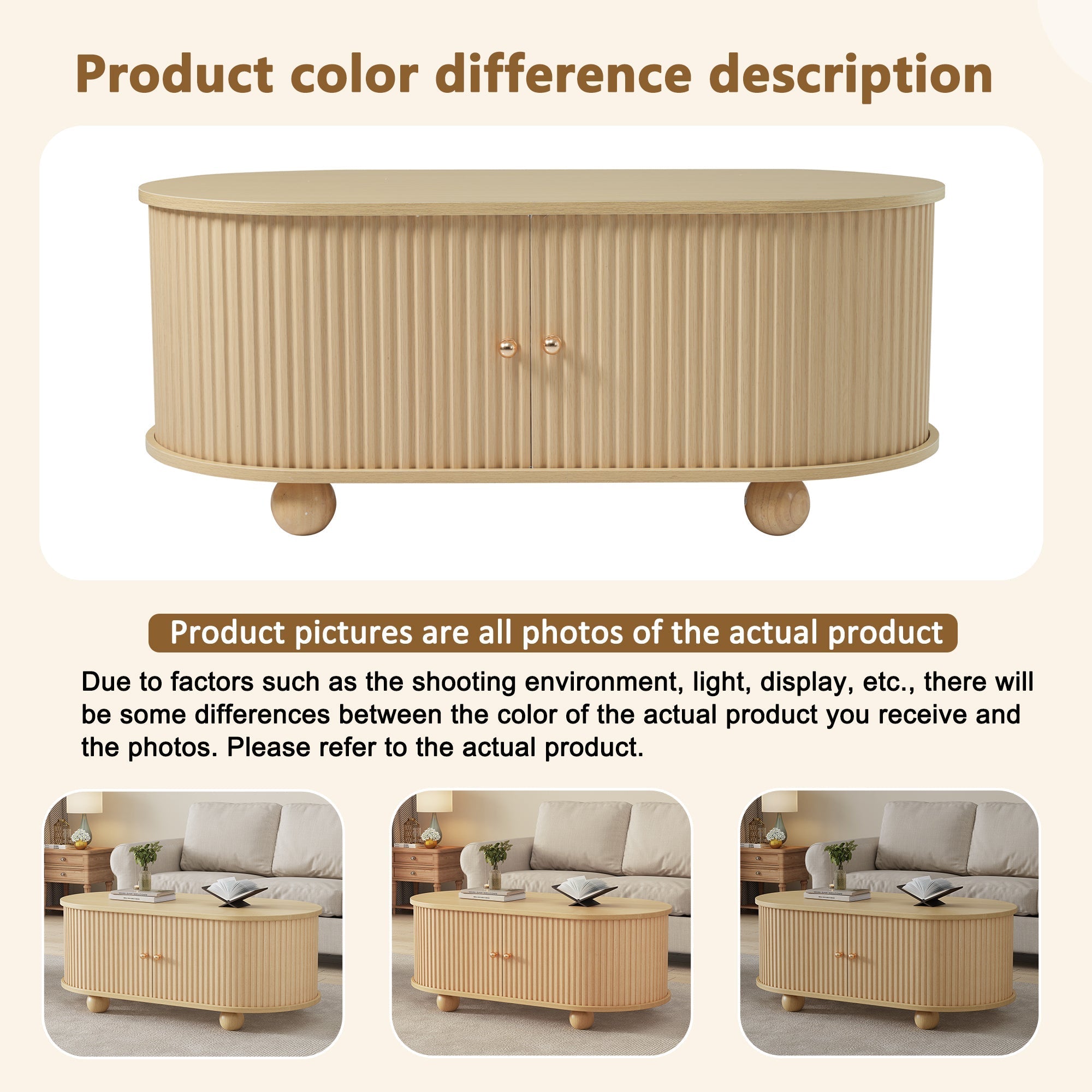 Oval Coffee Table with Storage and Sliding Doors, Multifunctional, Wood Colors