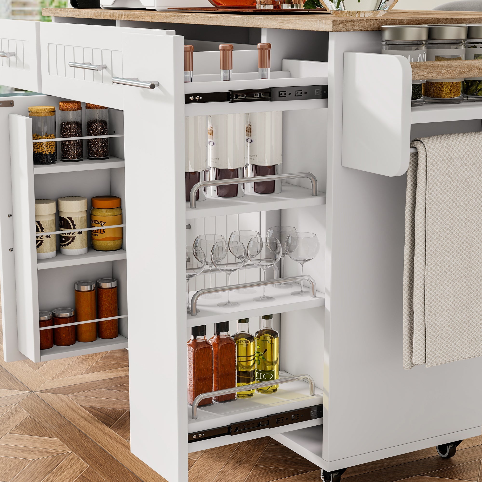 Kitchen Island Trolley with USB Port, Fold-Down Worktop & Storage, White