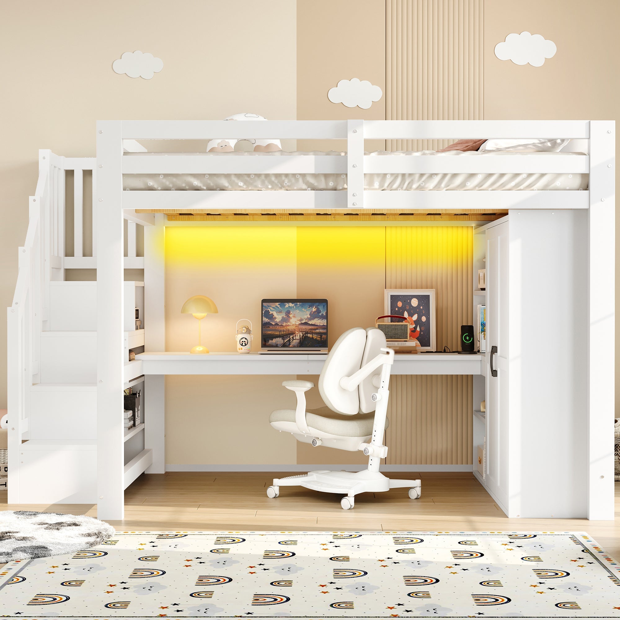 140x200 Loft Bed with Desk, Shelf, Wardrobe, Storage Stairs, USB and LED Lights, White